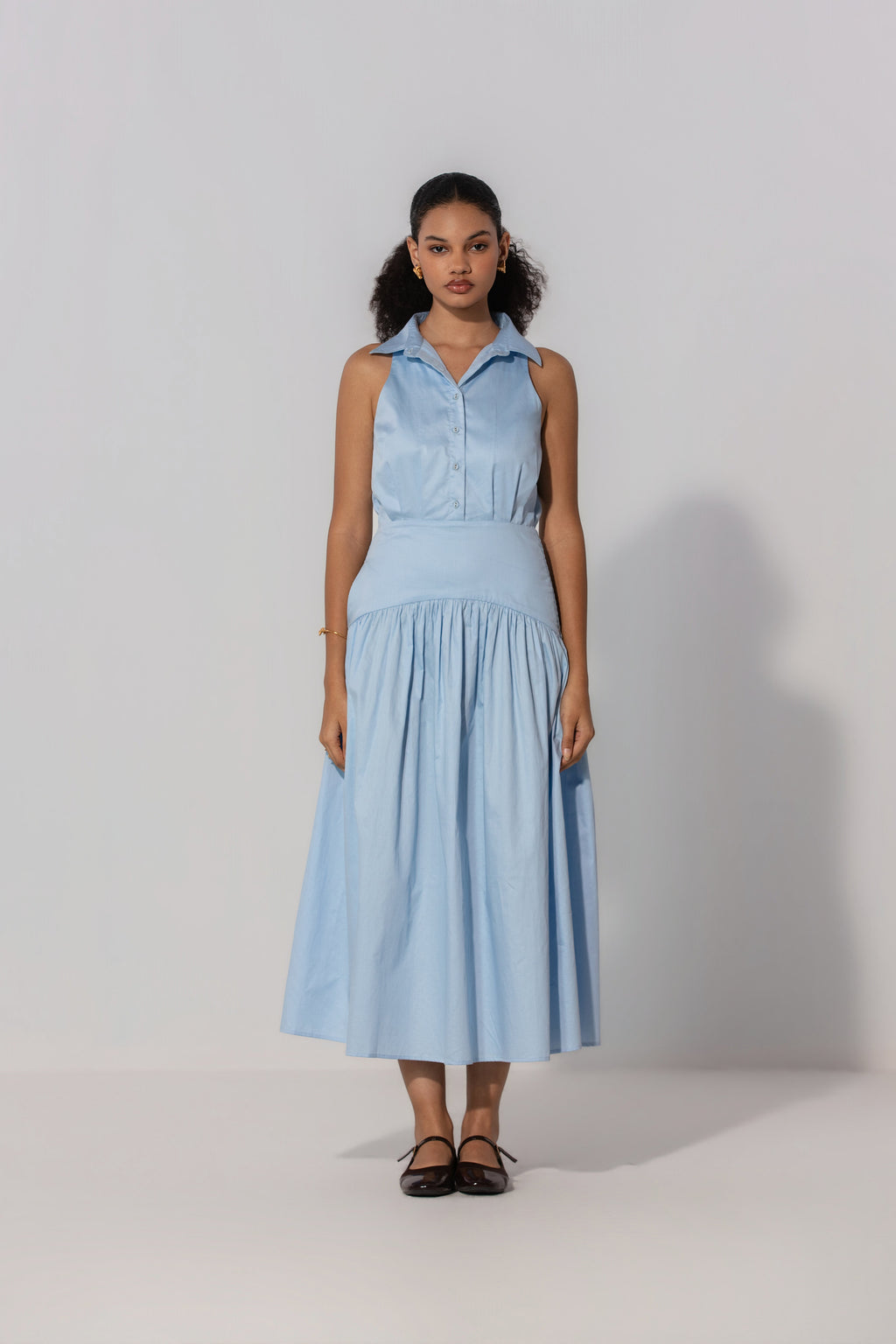 Rubby in Sky Collared Drop-Waist Maxi Dress