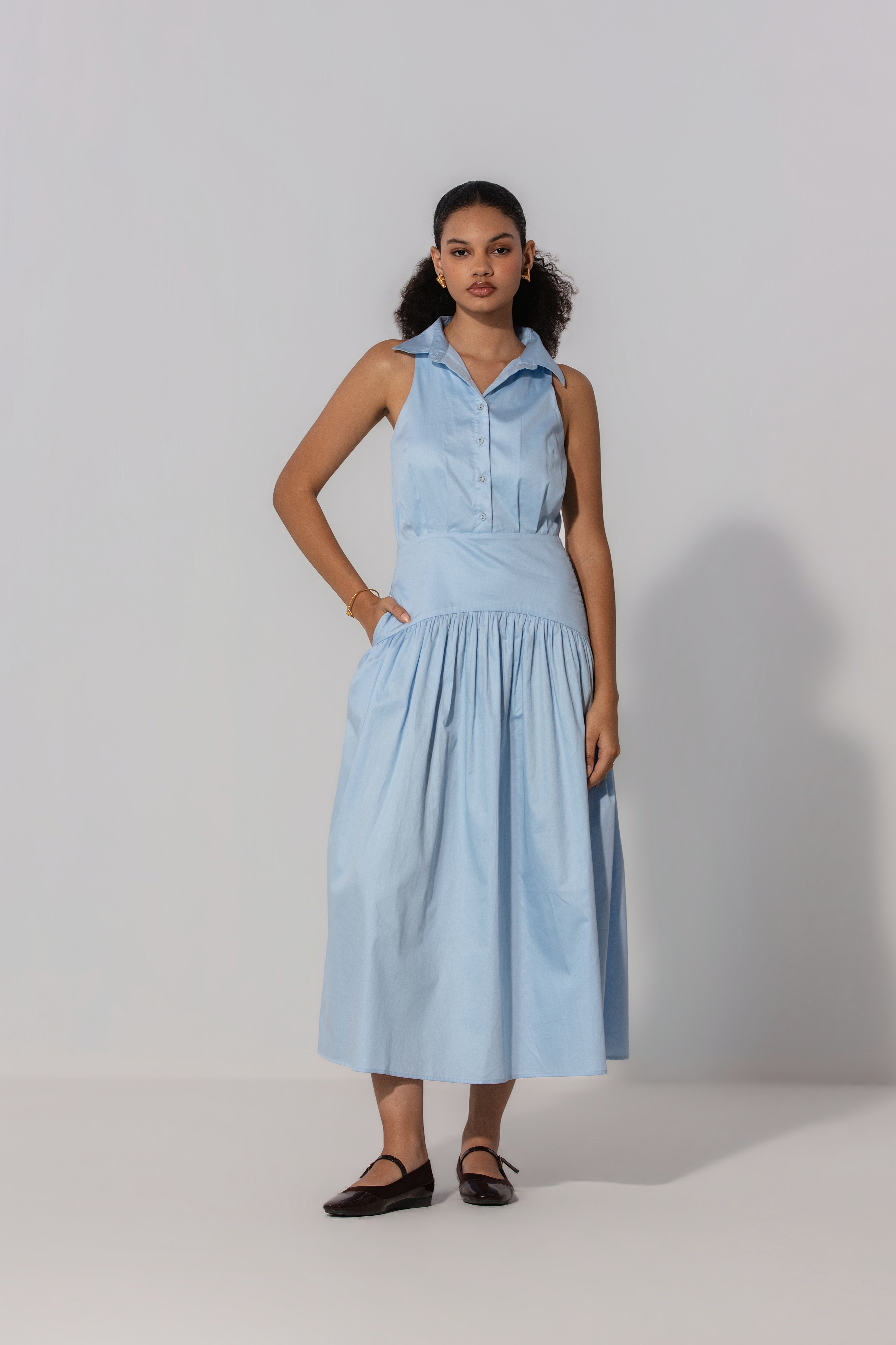 Rubby in Sky Collared Drop-Waist Maxi Dress