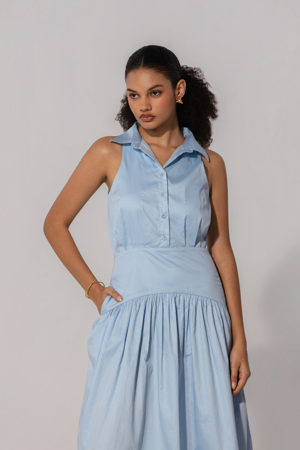 Rubby in Sky Collared Drop-Waist Maxi Dress