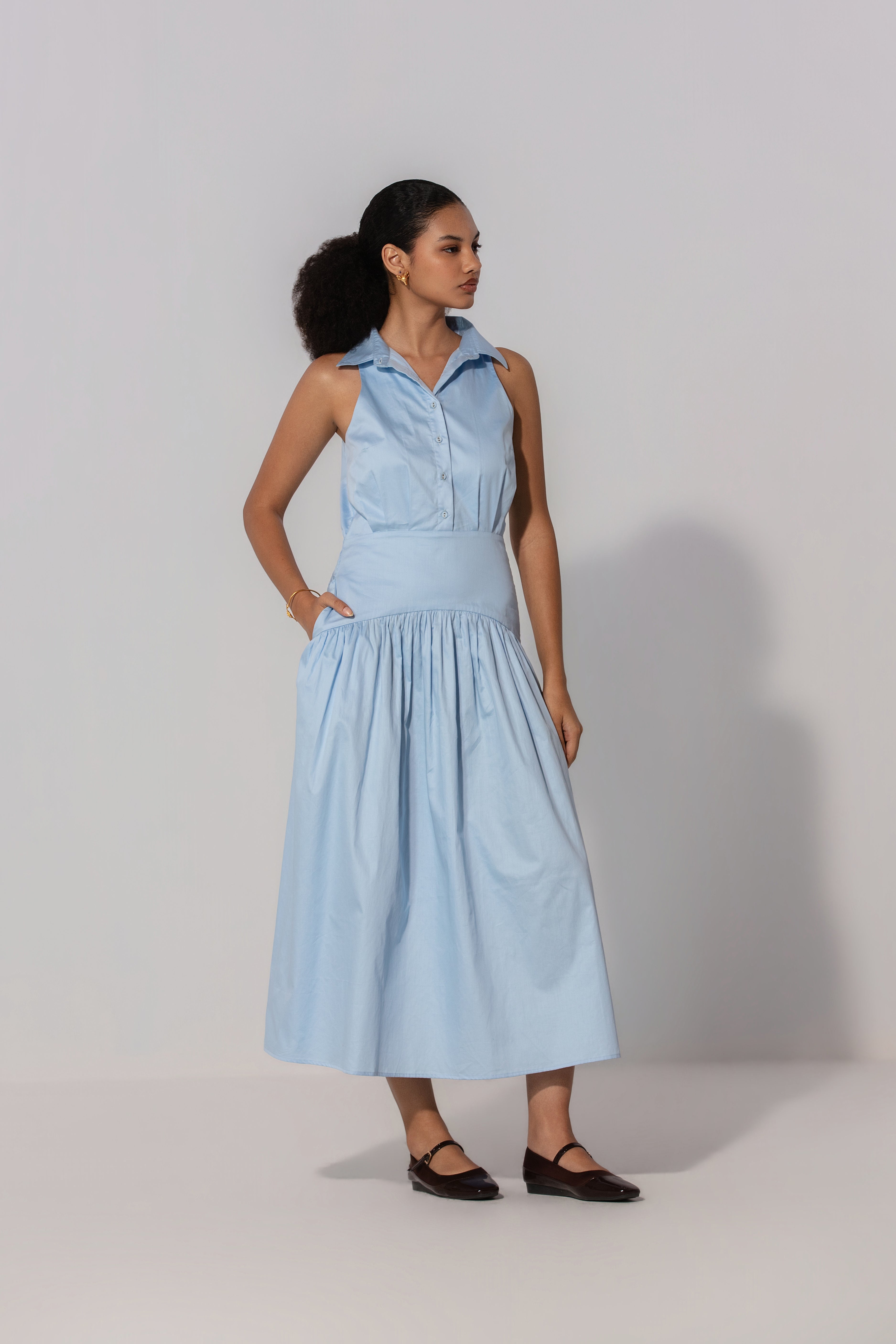 Rubby in Sky Collared Drop-Waist Maxi Dress