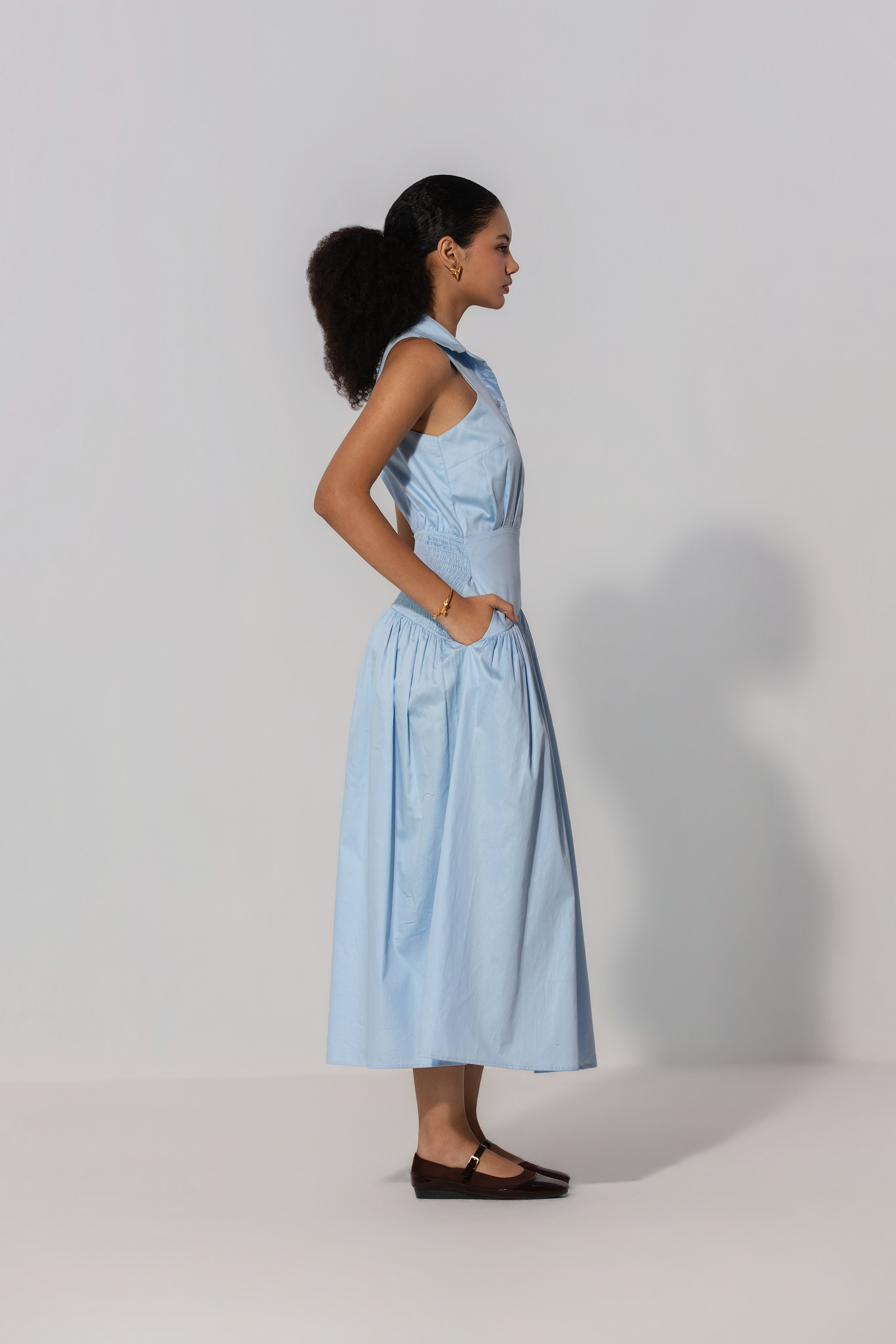Rubby in Sky Collared Drop-Waist Maxi Dress