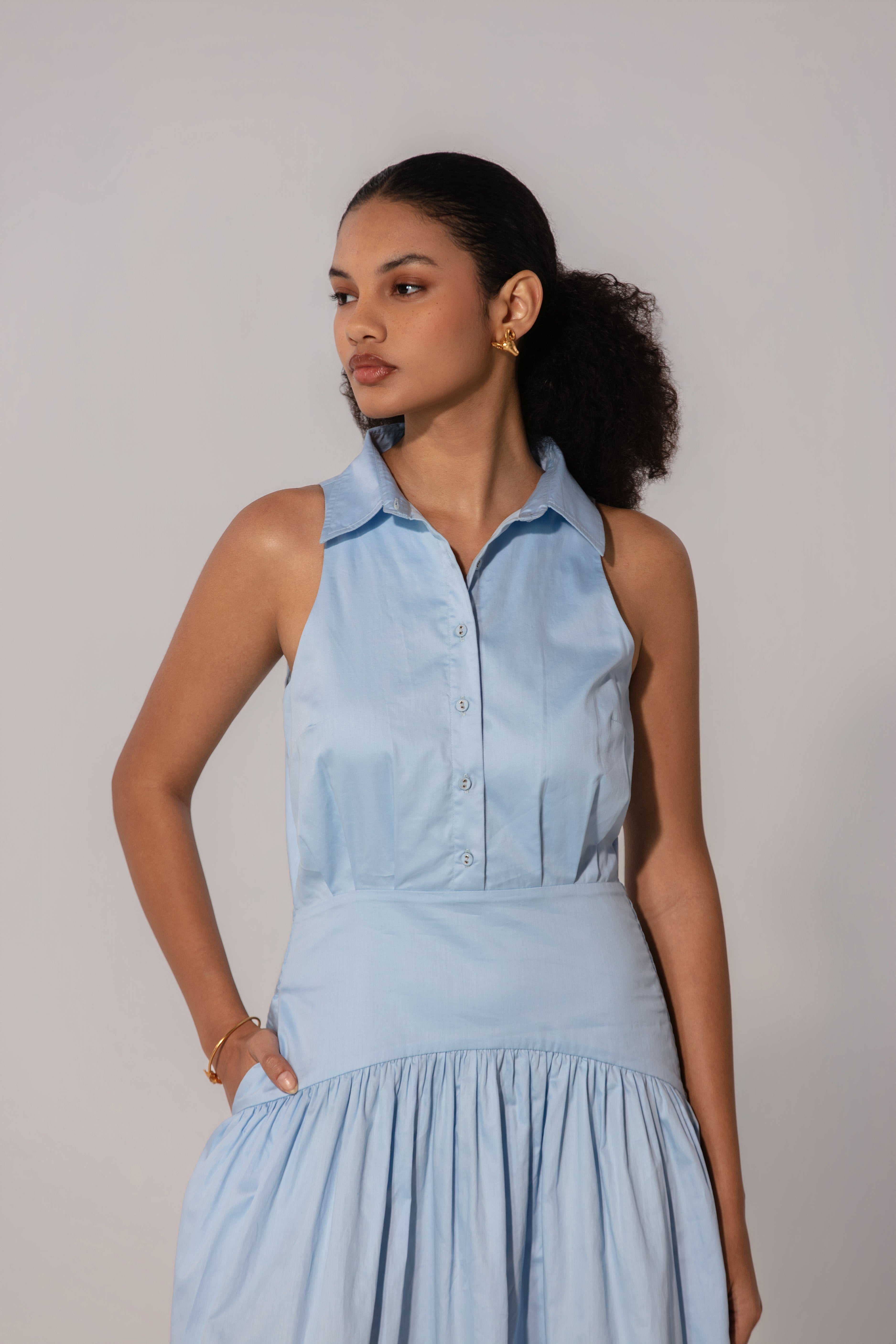 Rubby in Sky Collared Drop-Waist Maxi Dress