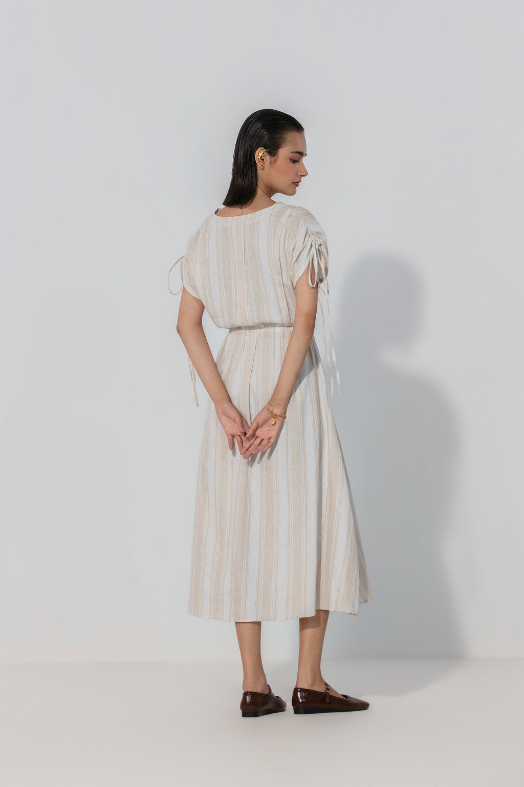 Natural Stripe Drawstring Sleeve Maxi Dress