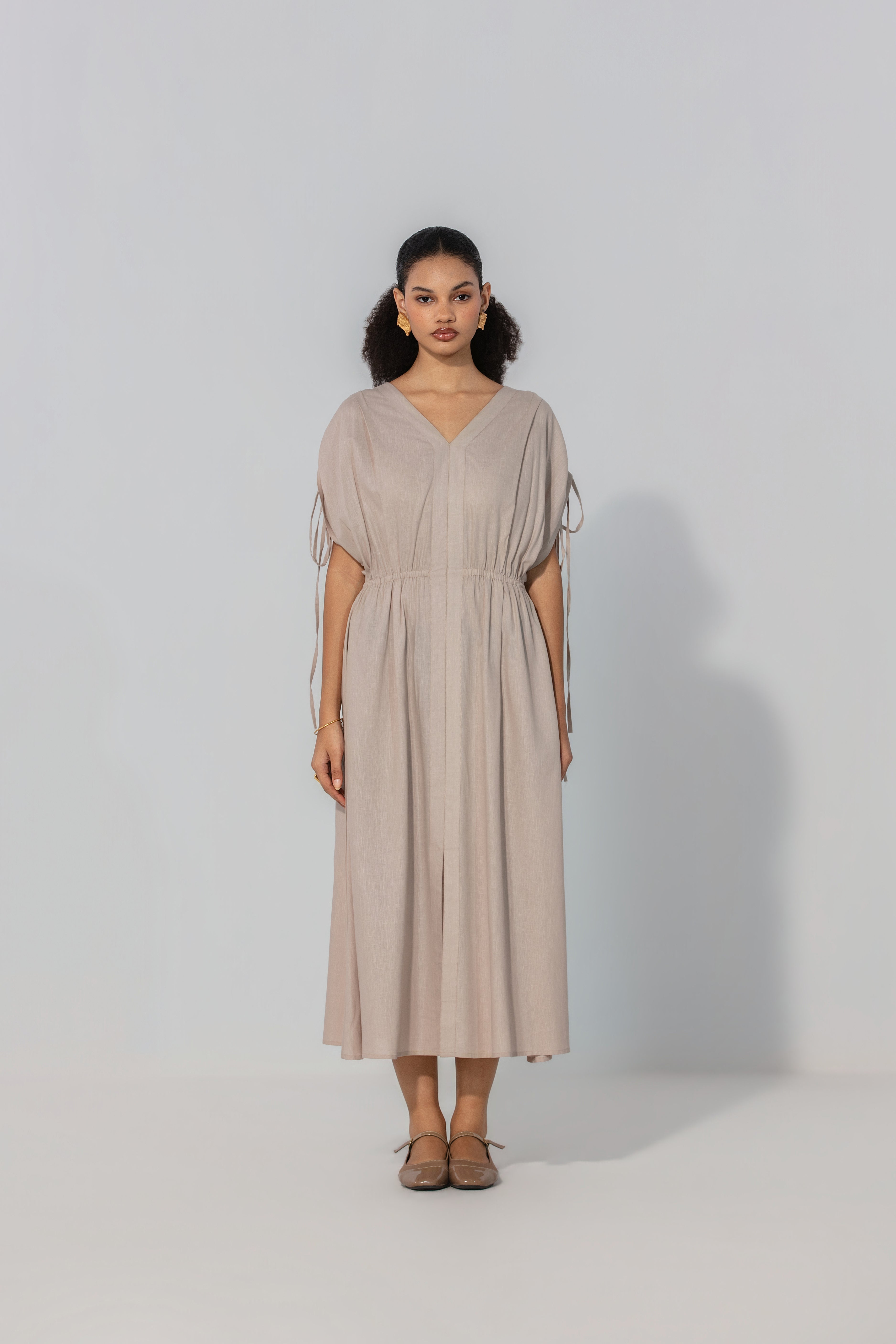 Taupe Drawstring Sleeve Maxi Dress