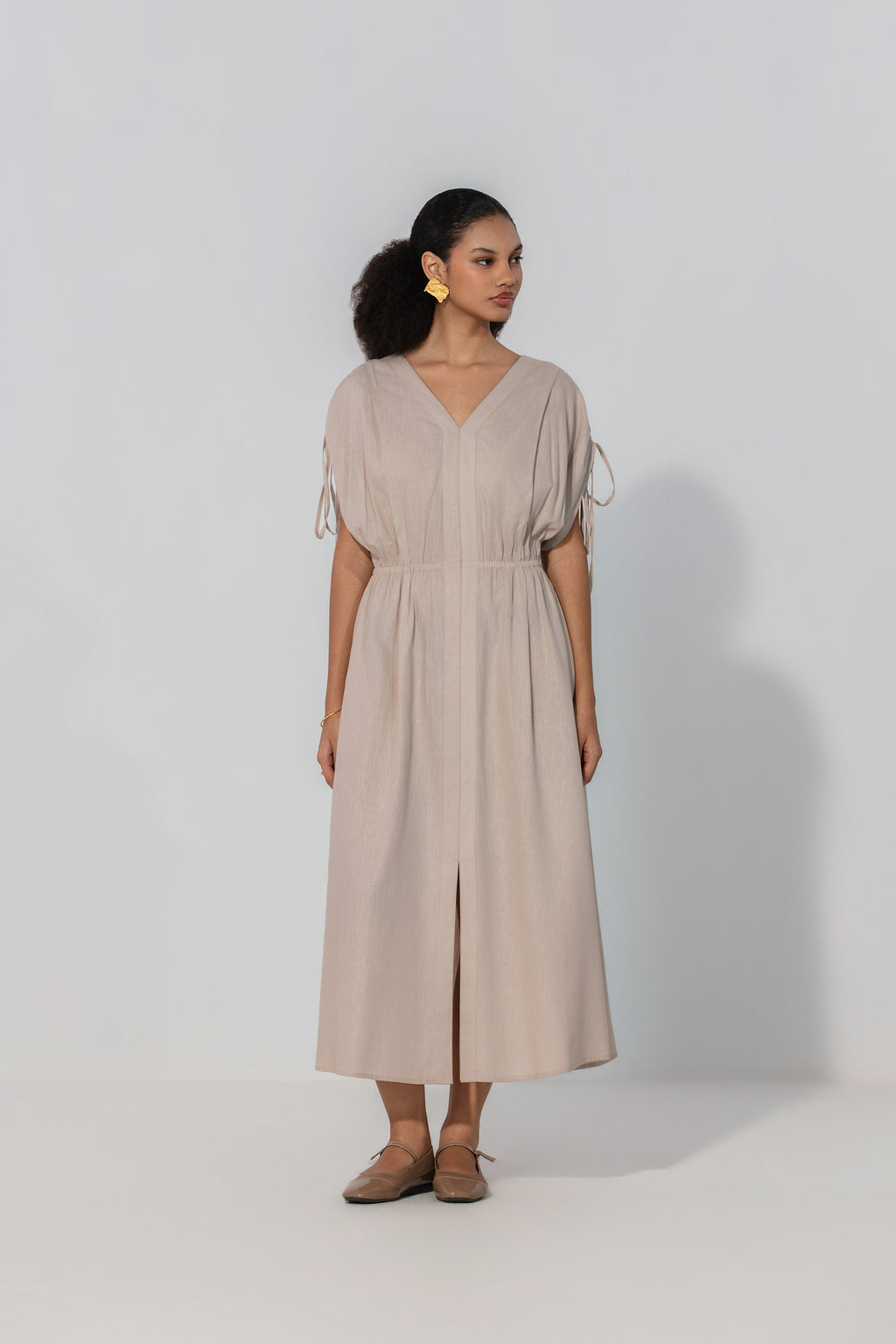 Taupe Drawstring Sleeve Maxi Dress