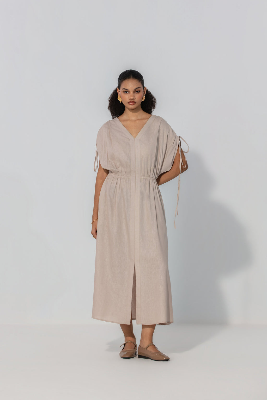 Taupe Drawstring Sleeve Maxi Dress
