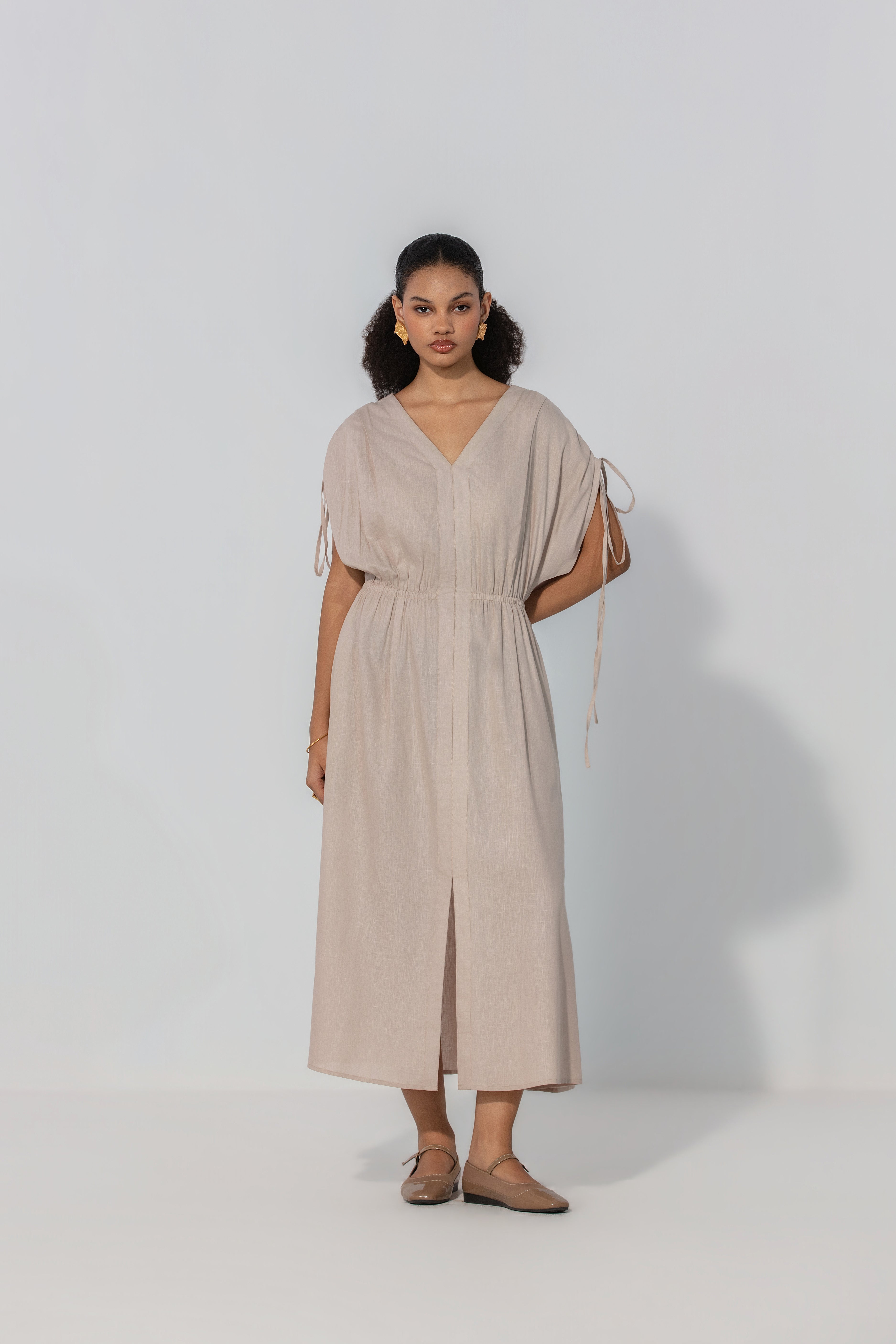 Taupe Drawstring Sleeve Maxi Dress