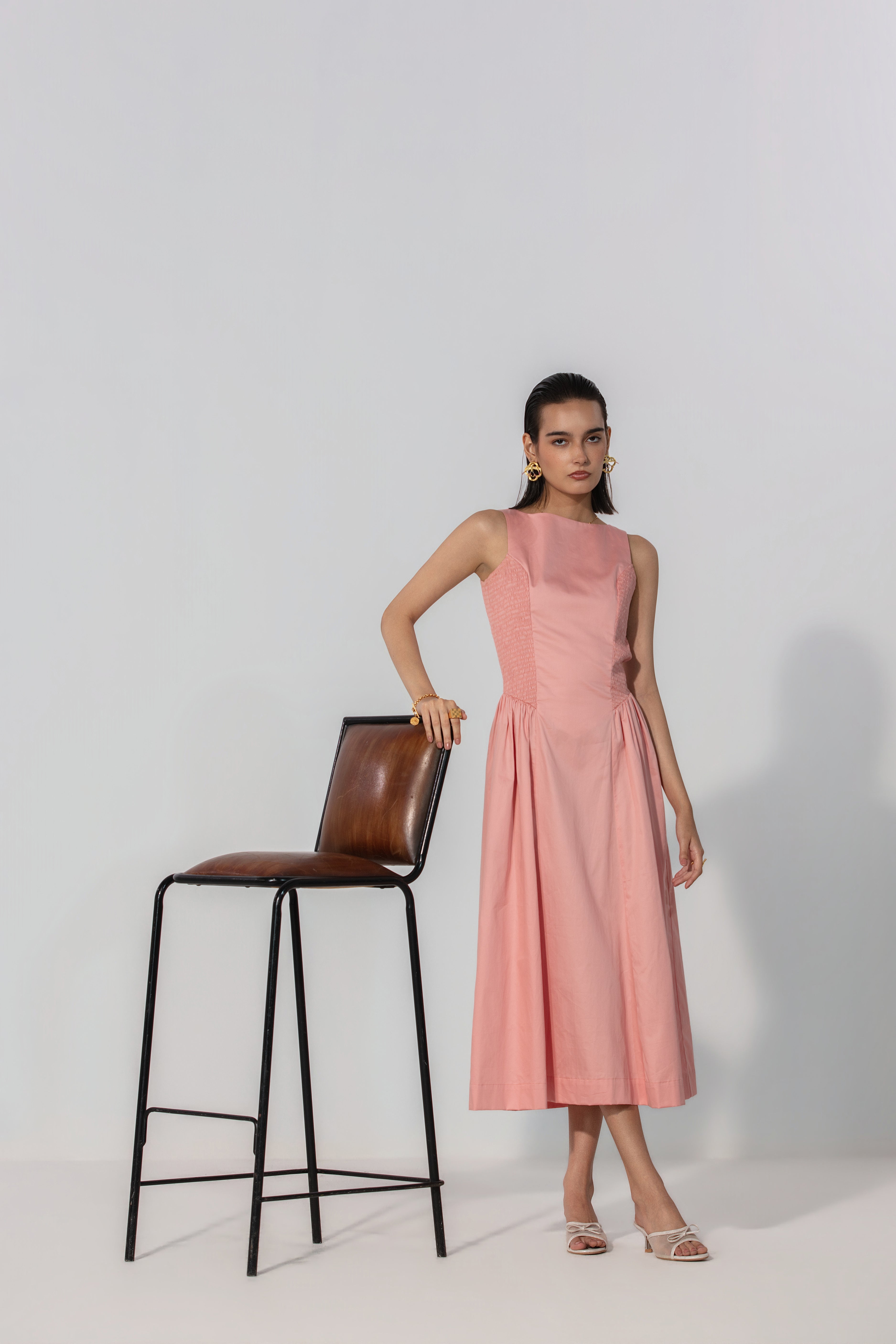 Rebecca in Blush Shirred Panel Maxi Dress
