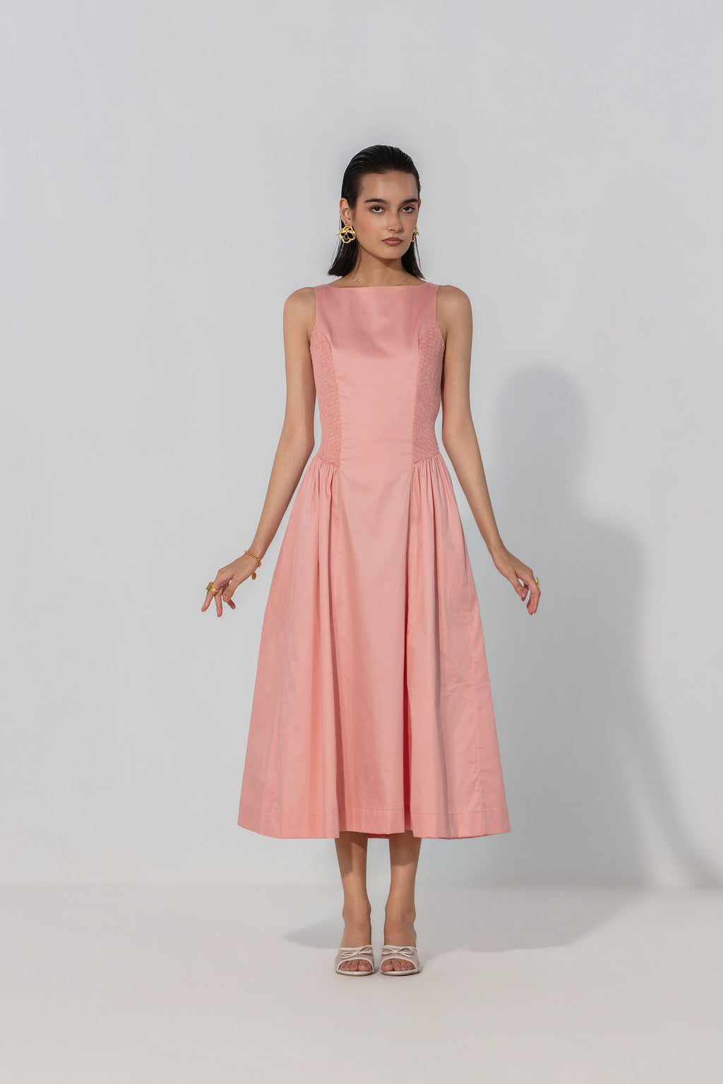 Rebecca in Blush Shirred Panel Maxi Dress