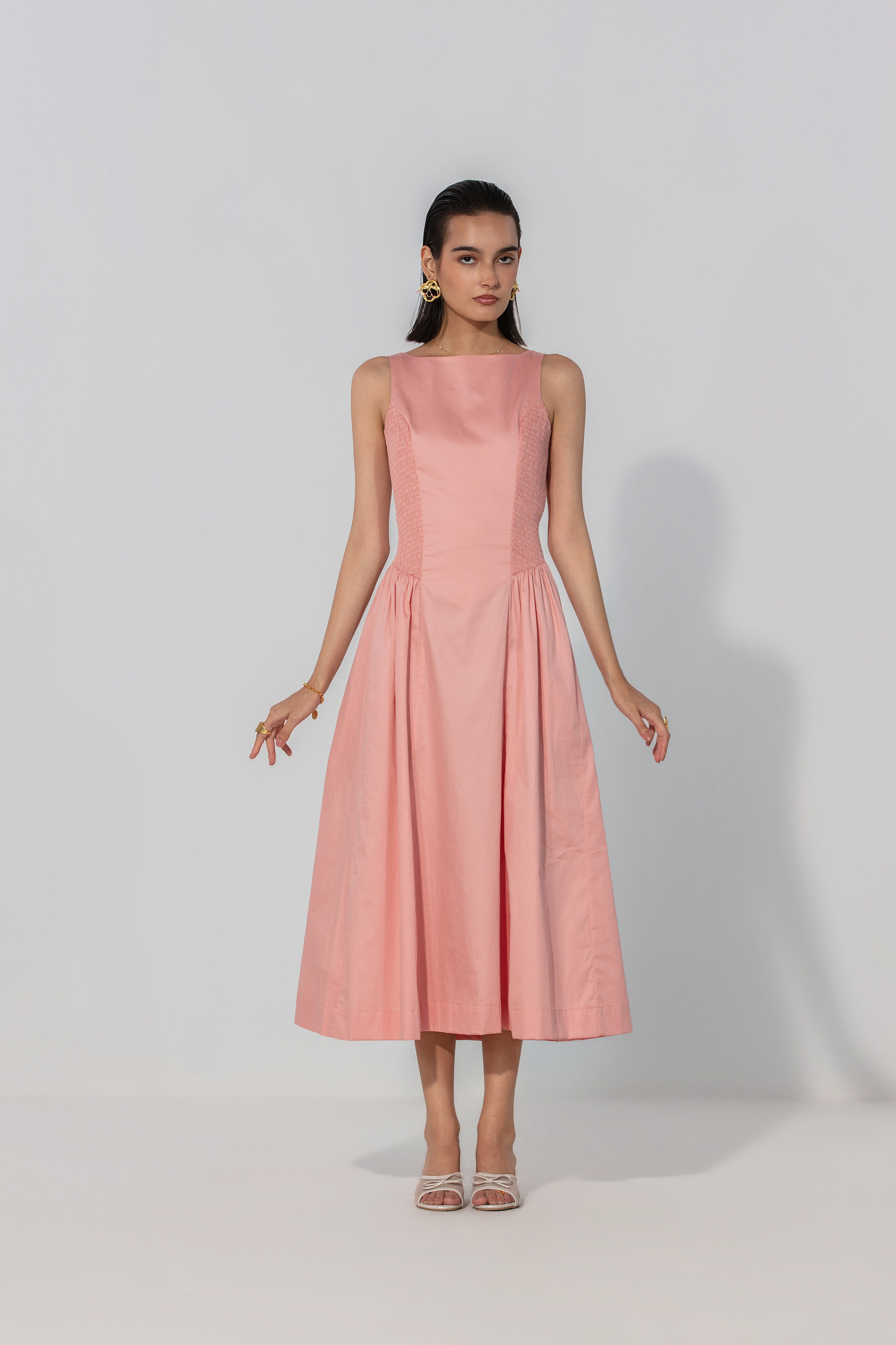 Rebecca in Blush Shirred Panel Maxi Dress