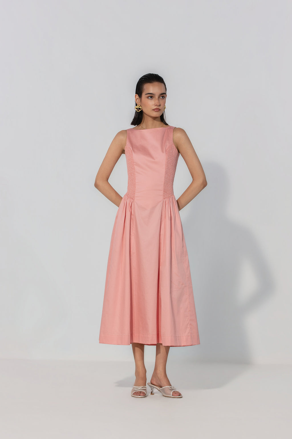 Rebecca in Blush Shirred Panel Maxi Dress