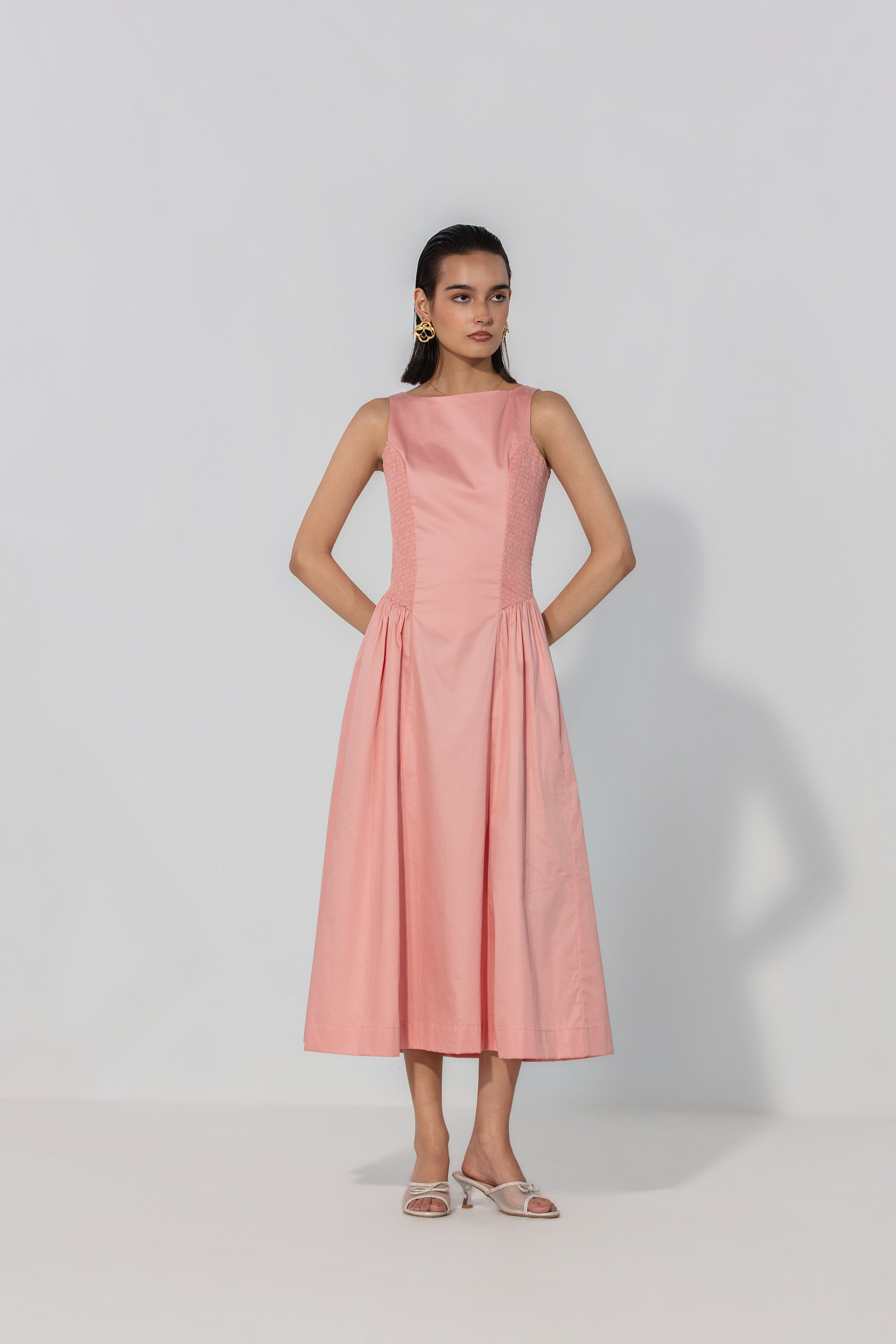 Vriti in Blush Shirred Panel Maxi Dress