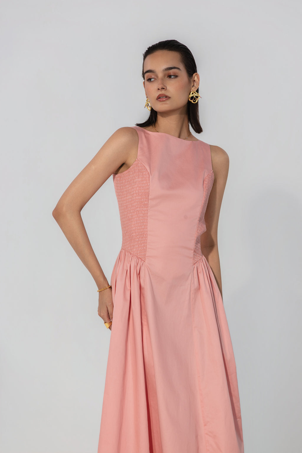 Rebecca in Blush Shirred Panel Maxi Dress