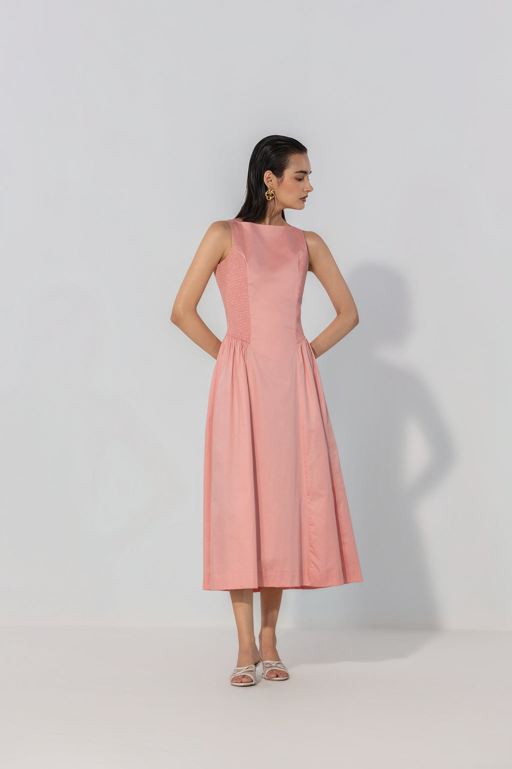 Rebecca in Blush Shirred Panel Maxi Dress