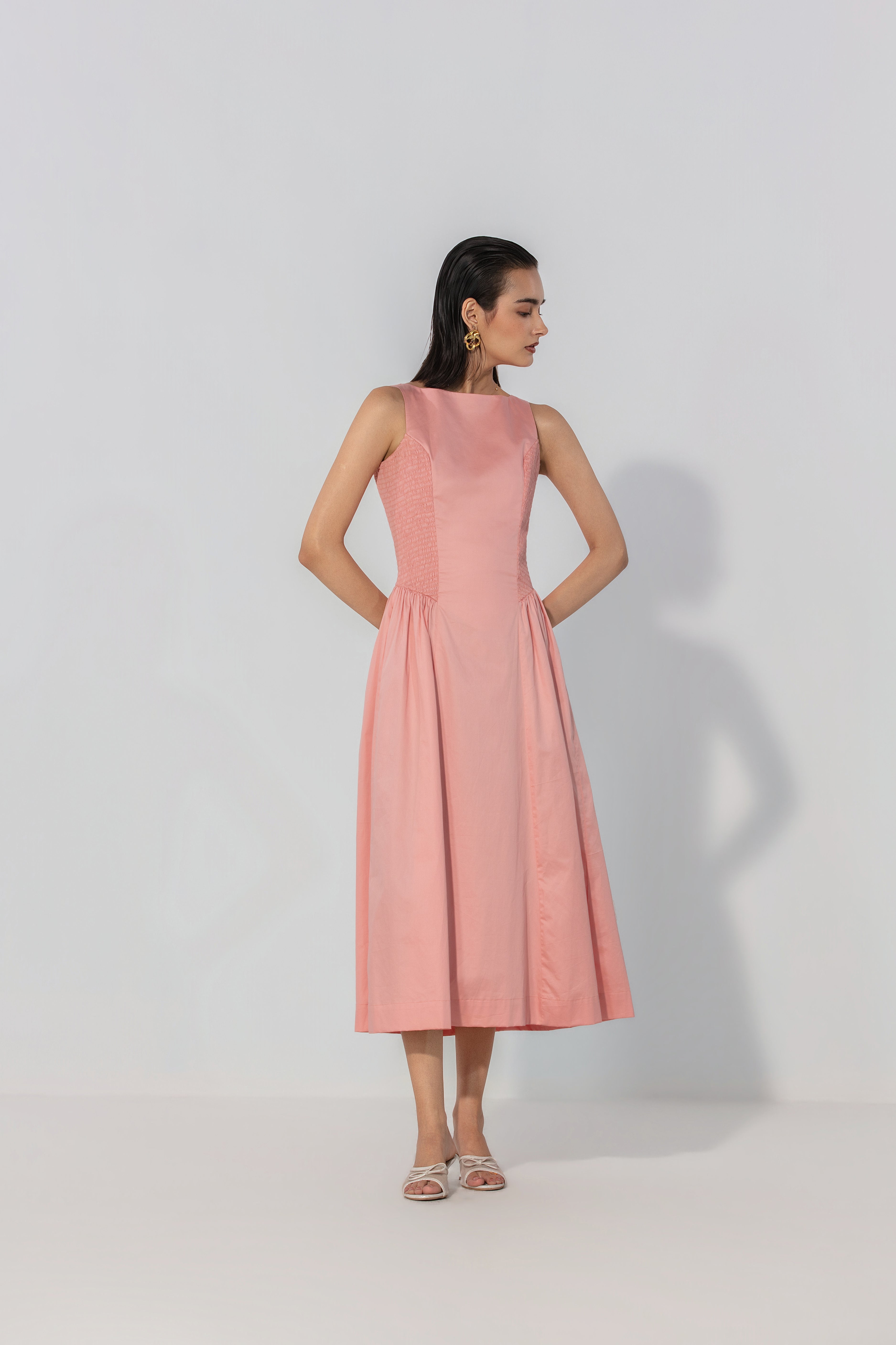 Rebecca in Blush Shirred Panel Maxi Dress