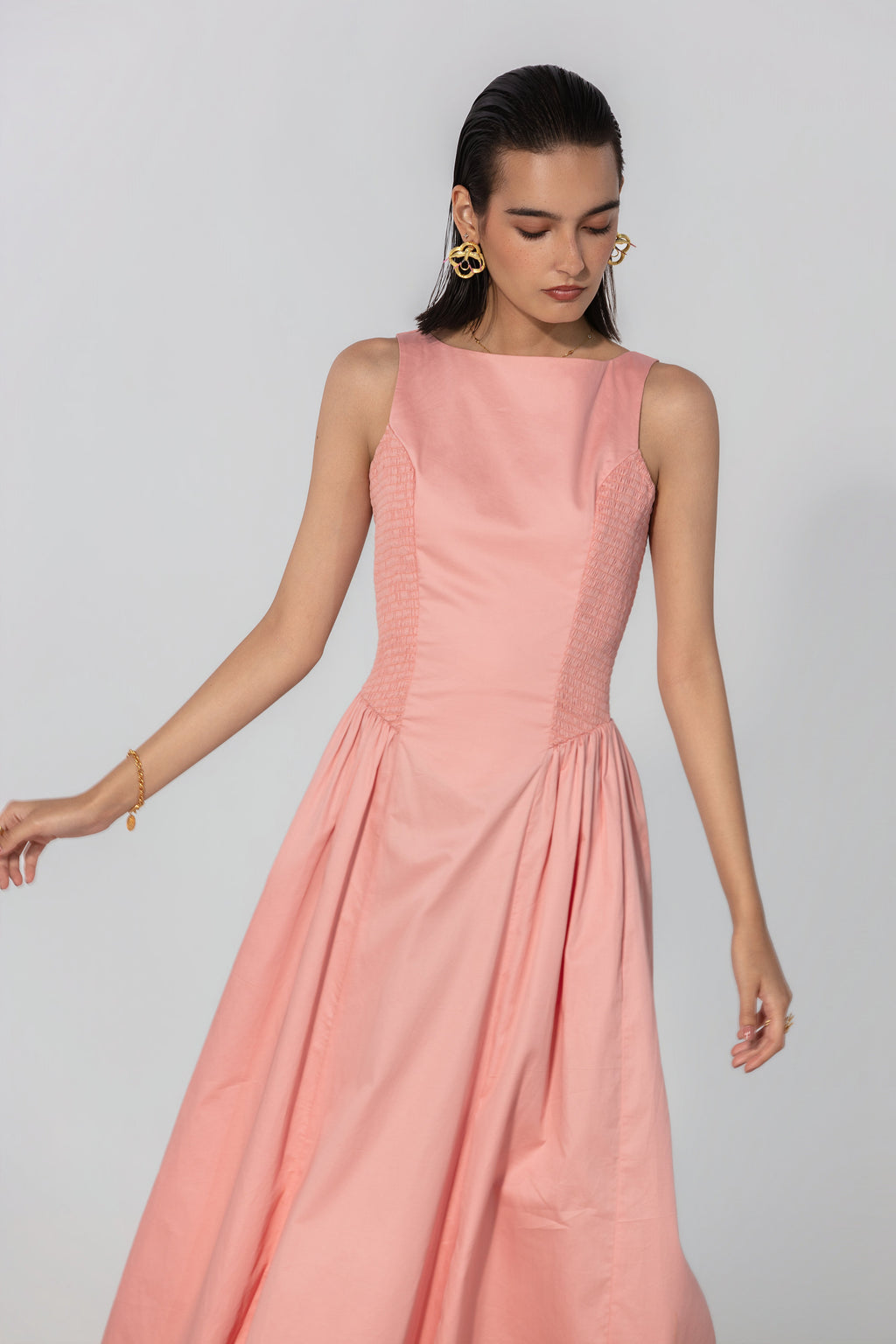 Rebecca in Blush Shirred Panel Maxi Dress