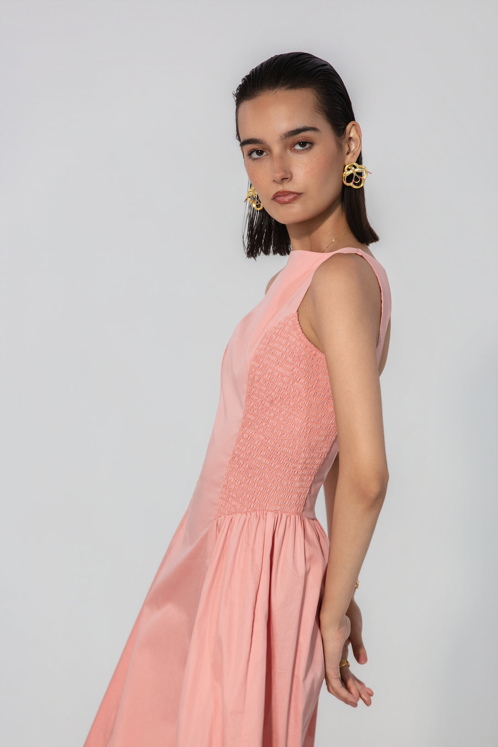 Vriti in Blush Shirred Panel Maxi Dress