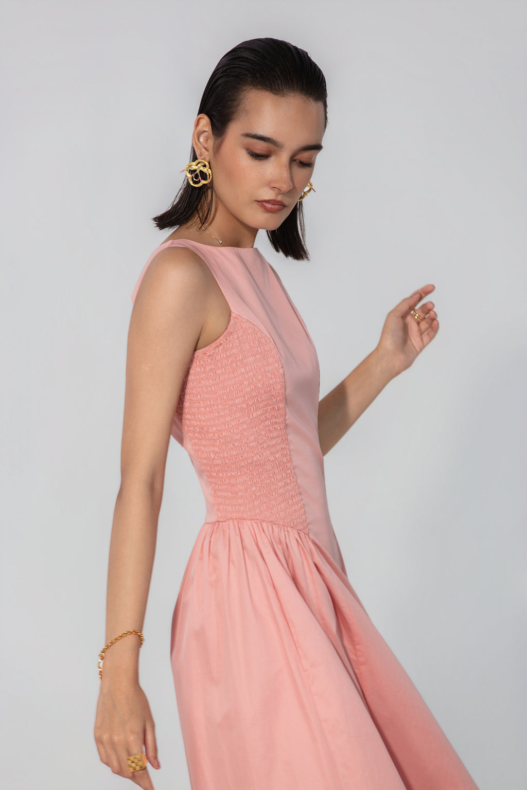 Vriti in Blush Shirred Panel Maxi Dress