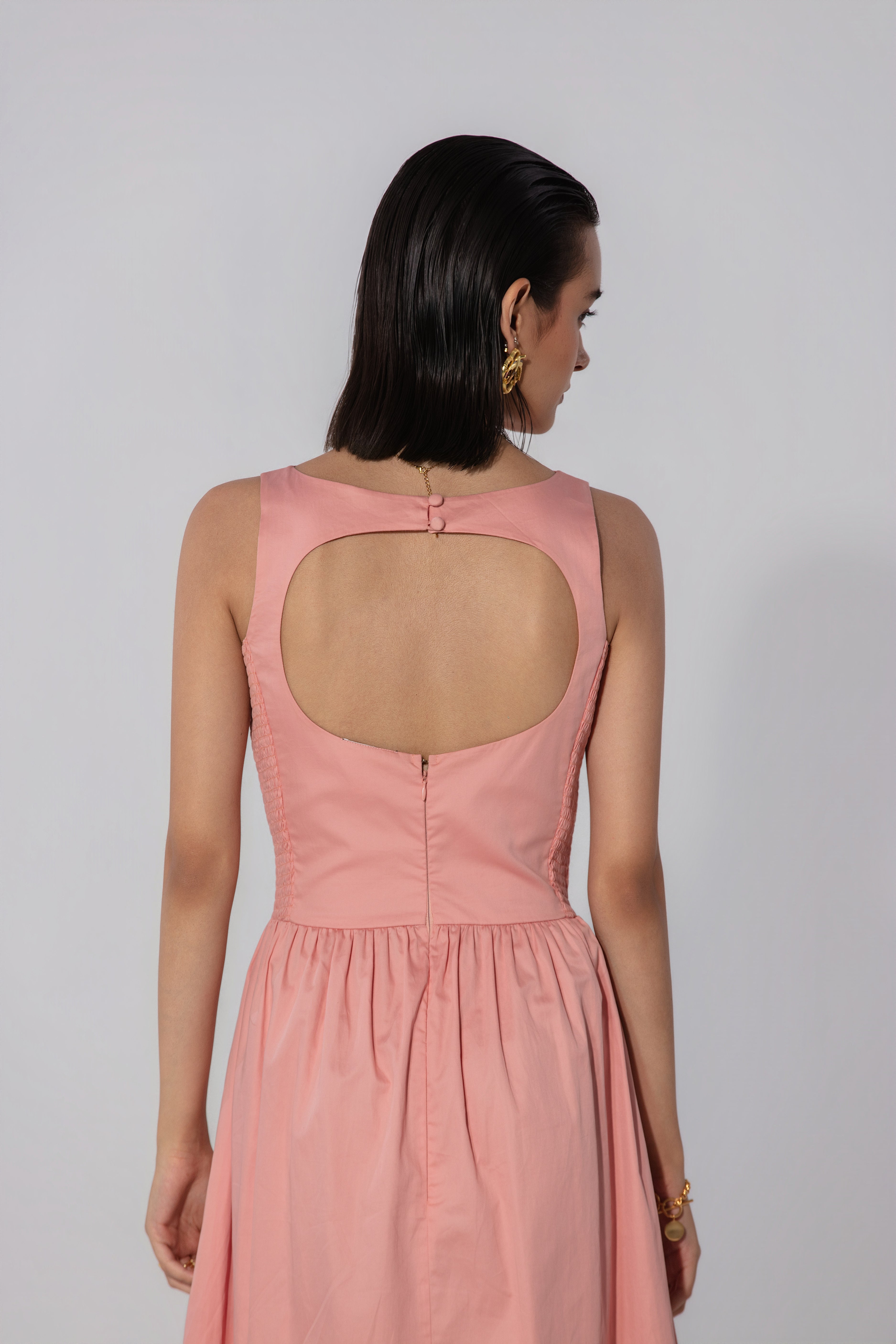 Rebecca in Blush Shirred Panel Maxi Dress