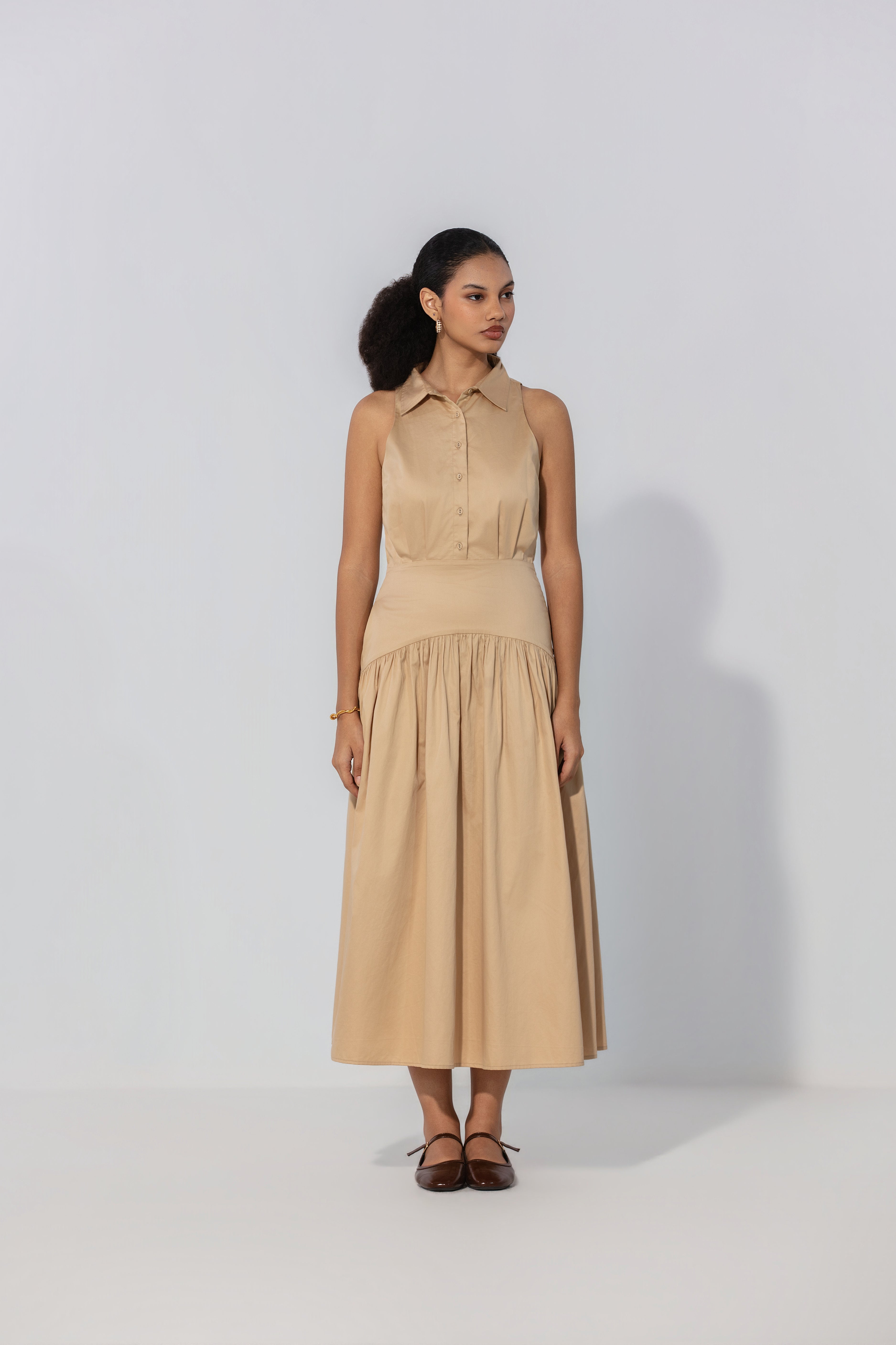 Sand Collared Drop-Waist Maxi Dress