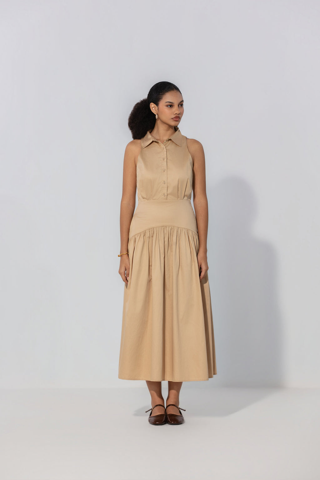 Ange in Sand Collared Drop-Waist Maxi Dress