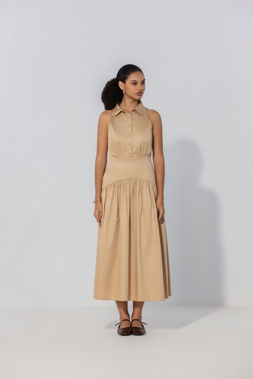 Ange in Sand Collared Drop-Waist Maxi Dress