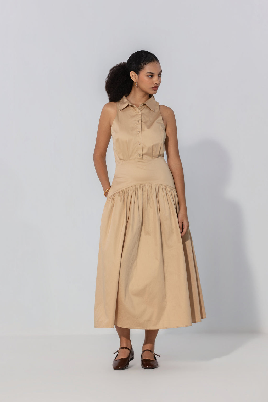 Ange in Sand Collared Drop-Waist Maxi Dress