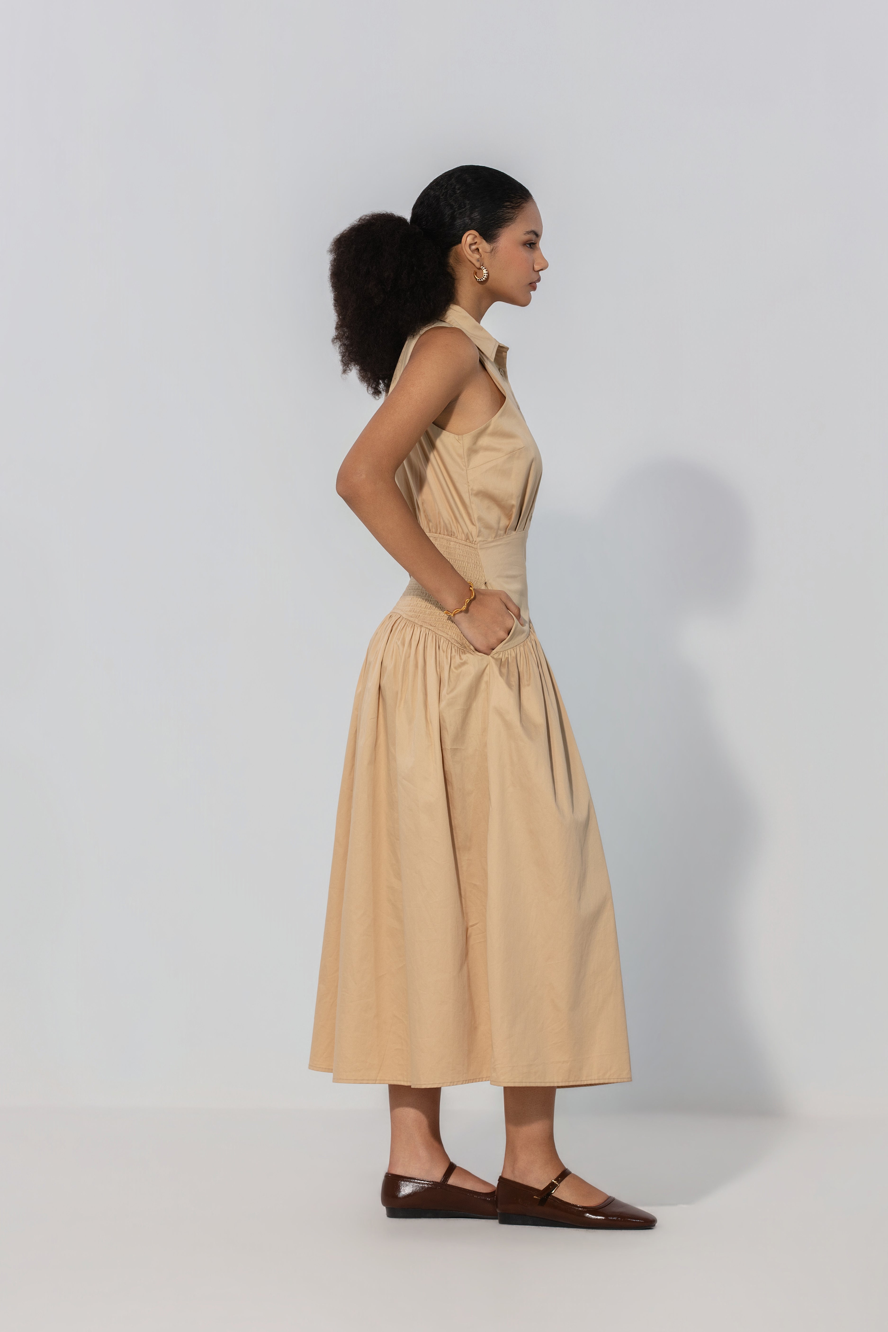 Sand Collared Drop-Waist Maxi Dress
