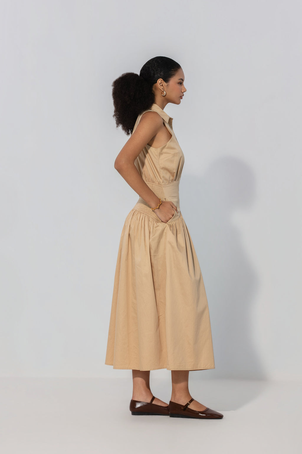 Ange in Sand Collared Drop-Waist Maxi Dress