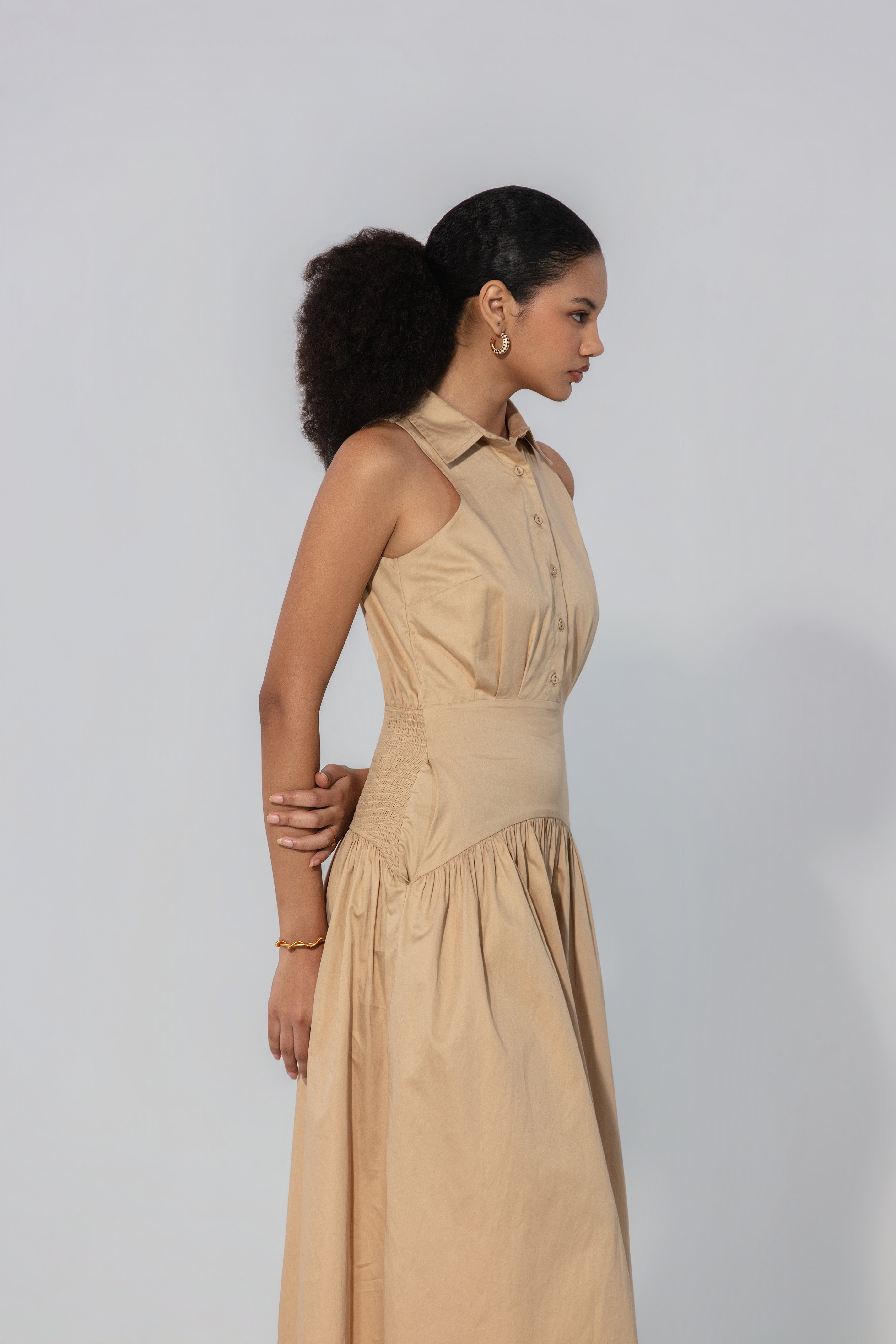Ange in Sand Collared Drop-Waist Maxi Dress