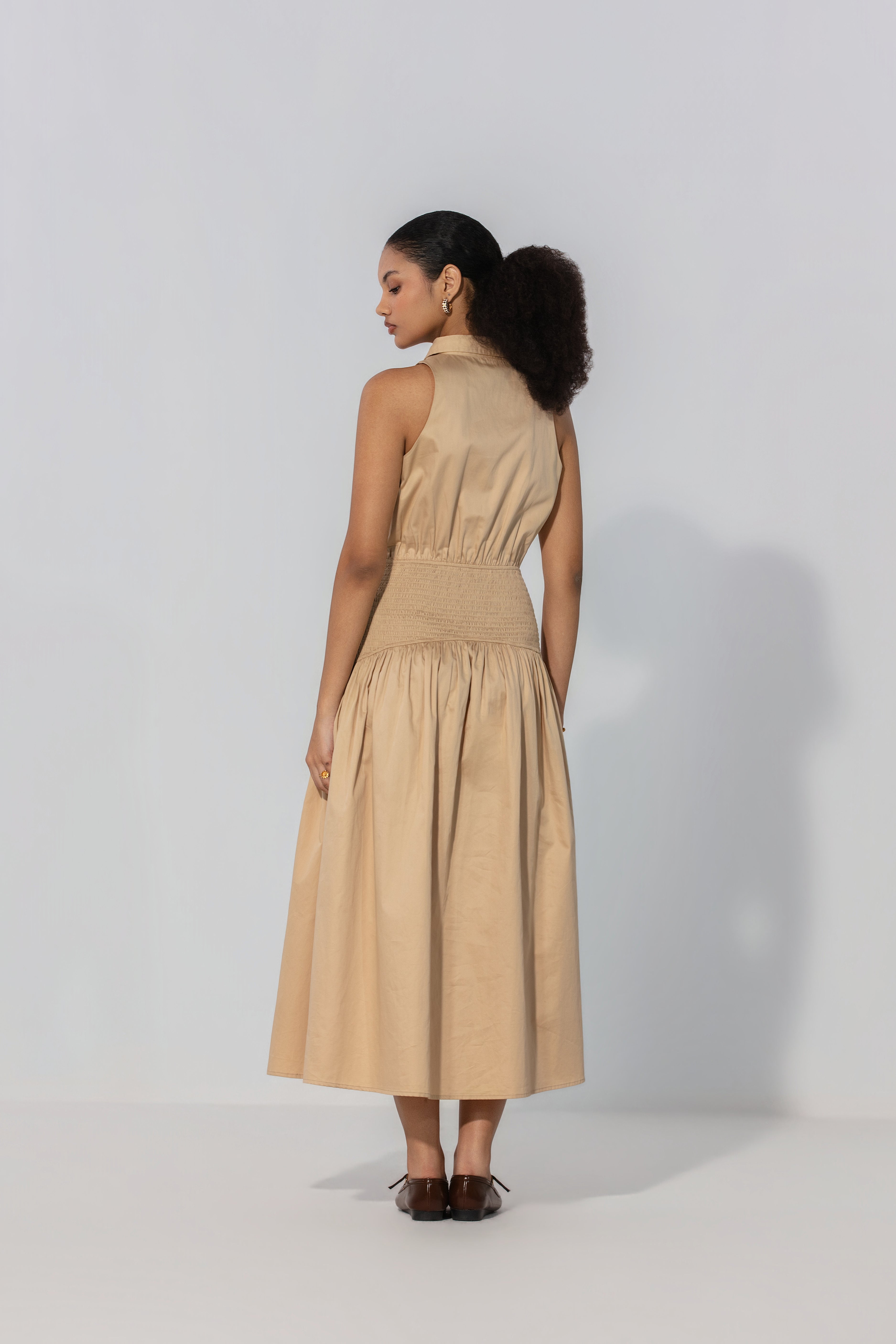 Ange in Sand Collared Drop-Waist Maxi Dress