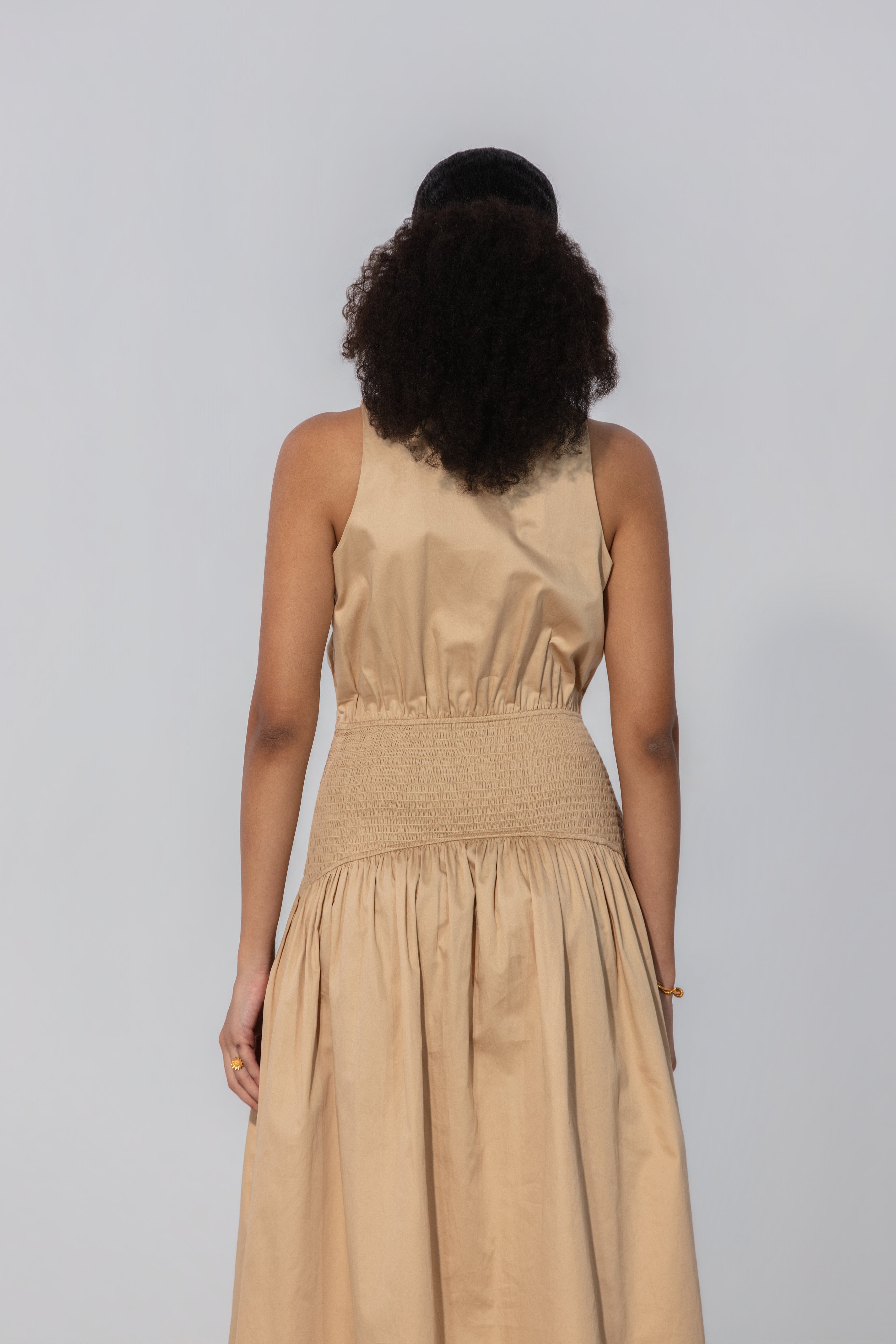 Ange in Sand Collared Drop-Waist Maxi Dress