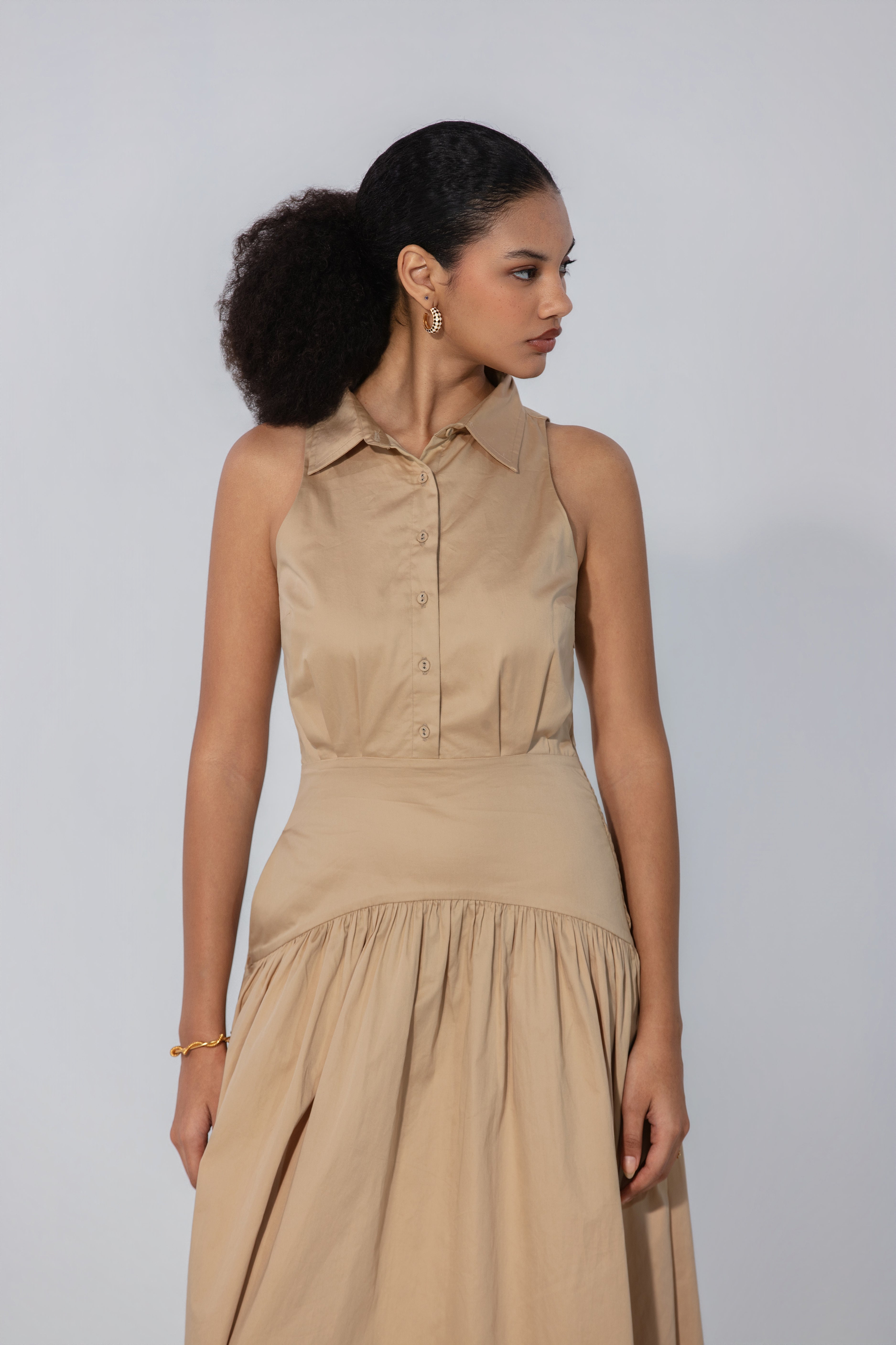 Ange in Sand Collared Drop-Waist Maxi Dress