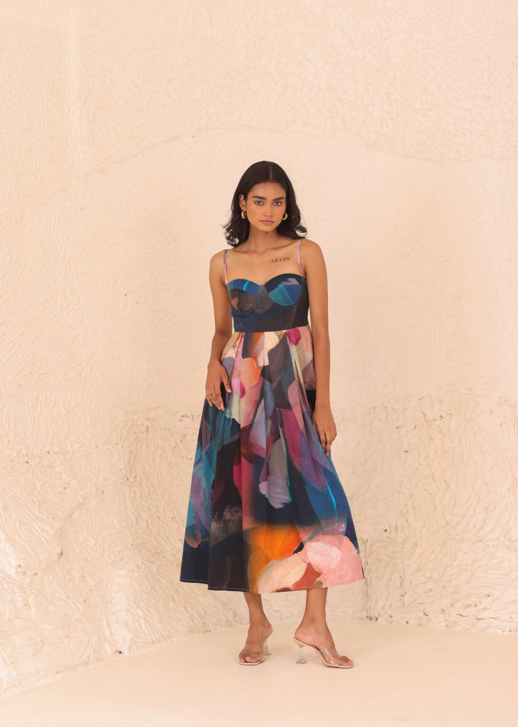 Statement Musee Dress with structured bustier and flowing skirt by Thr3letter