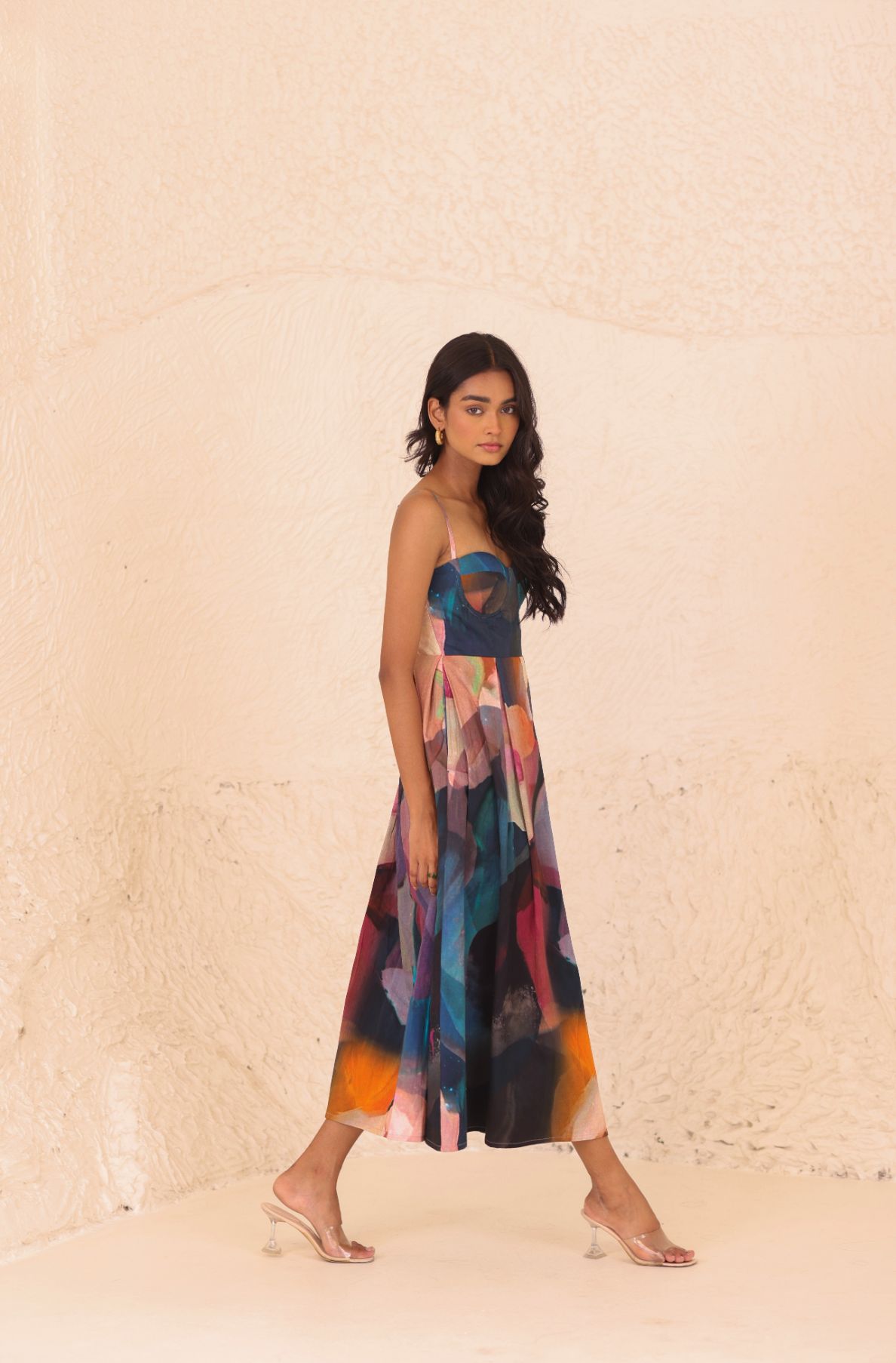 Artistic print silk-blend dress with padded corset bodice by Thr3letter