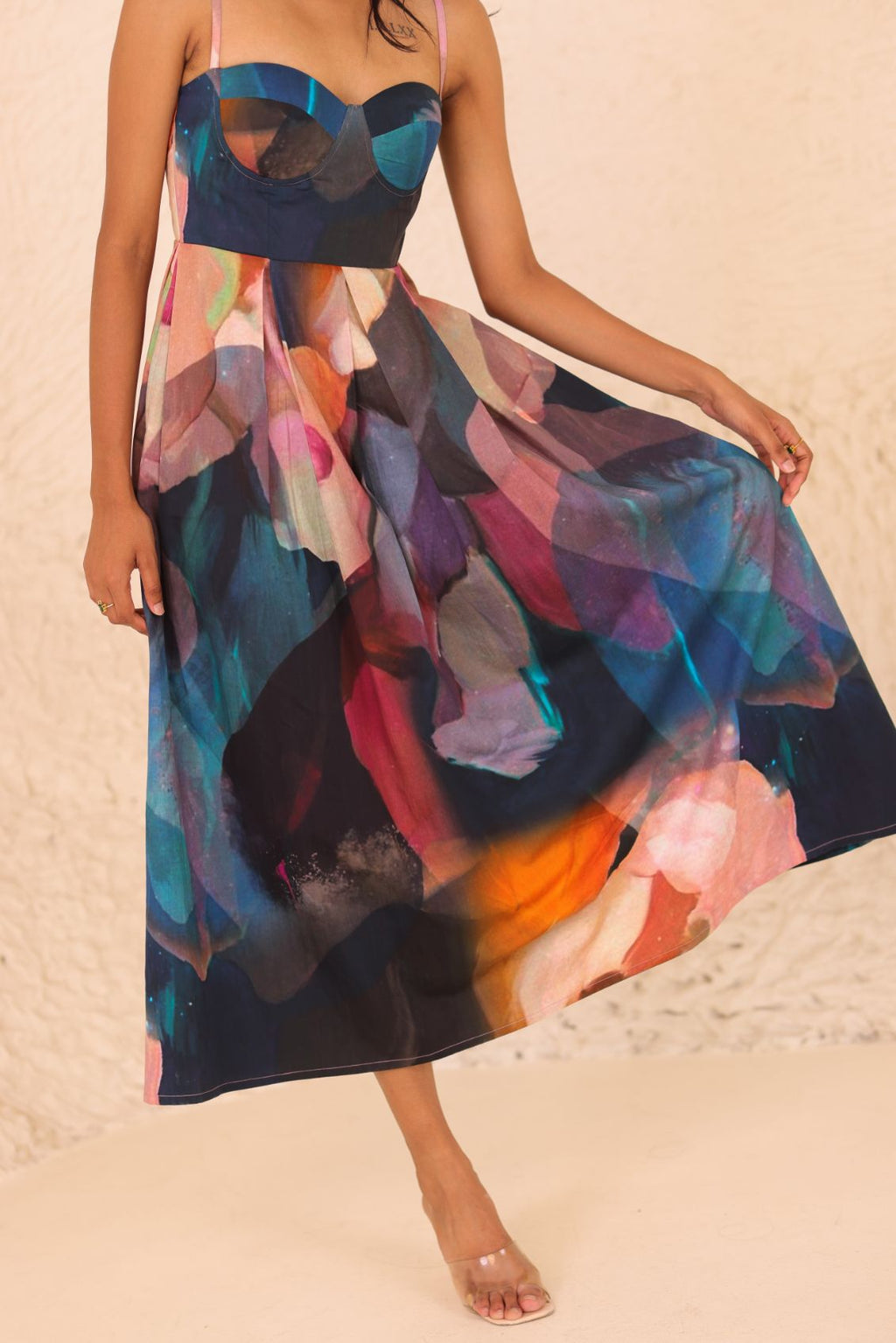 Thr3letter Musee Dress in premium silk-cotton with abstract galaxy print