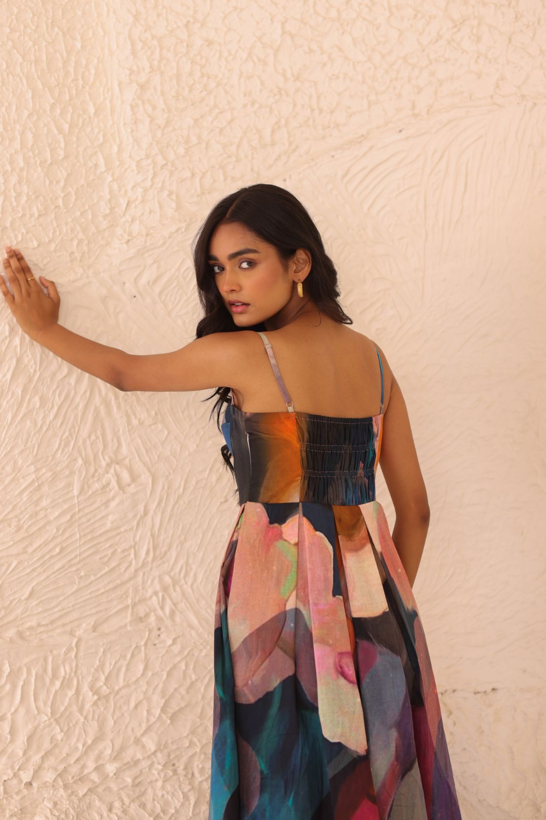 Designer maxi dress featuring sweetheart neckline and ethereal print by Thr3letter
