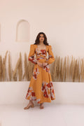 Thr3letter Eclat Maxi Dress in autumn-inspired abstract print, featuring puff sleeves and square neckline