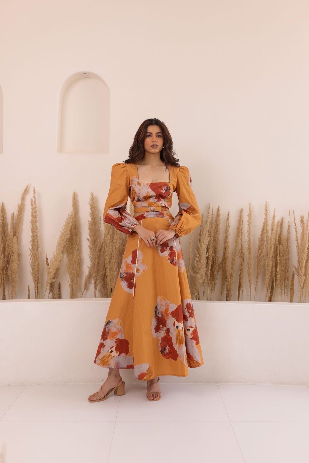Thr3letter Eclat Maxi Dress in autumn-inspired abstract print, featuring puff sleeves and square neckline