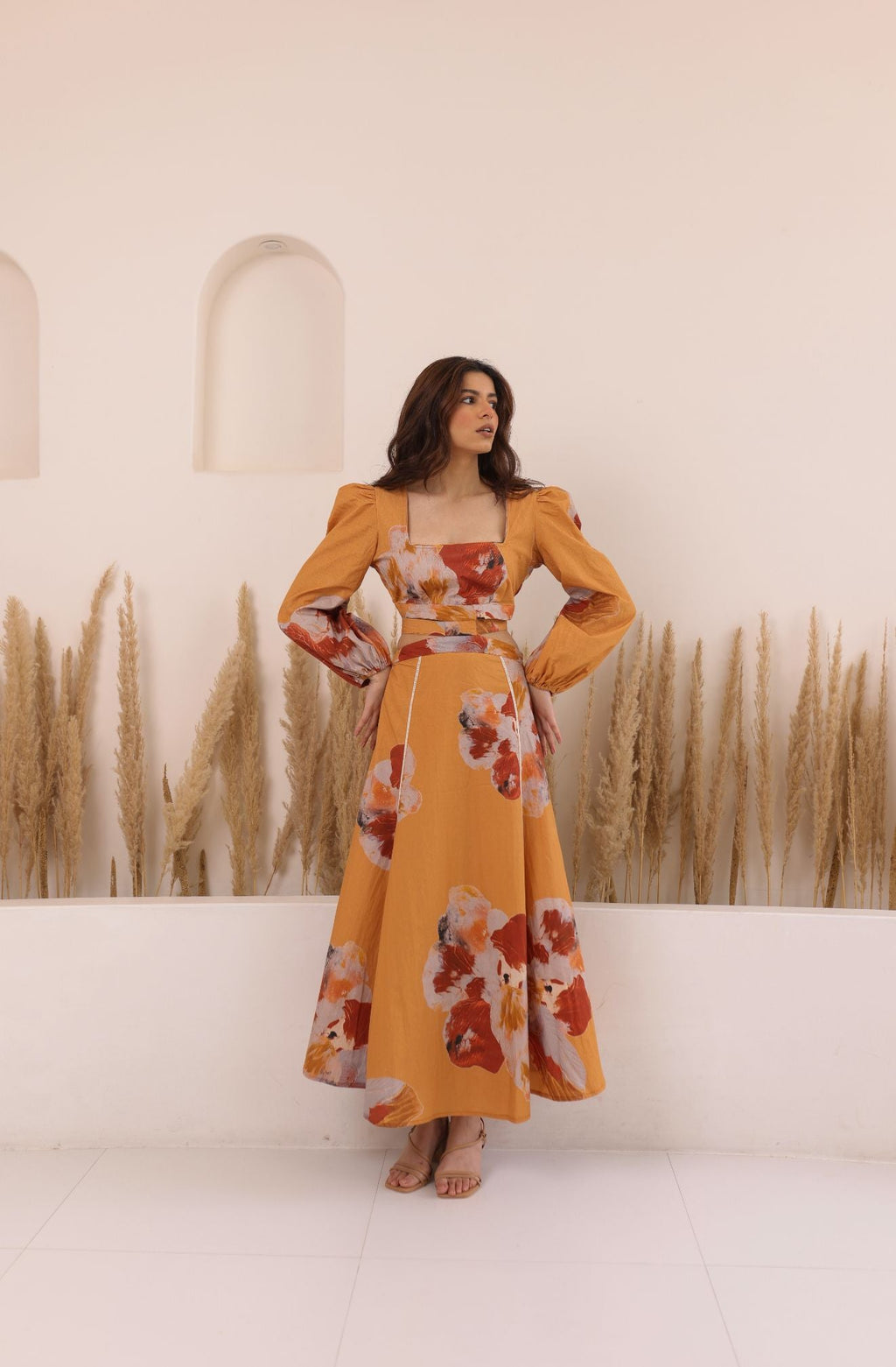 Thr3letter Eclat Dress in premium cotton poplin with abstract earth-tone pattern