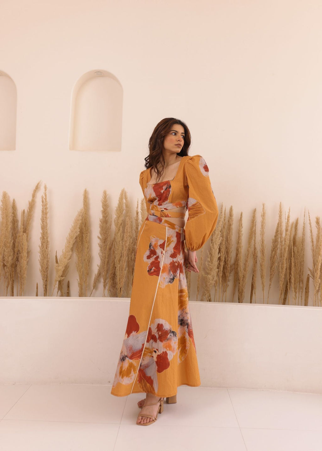 Thr3letter's signature Eclat Dress with dramatic sleeves and artistic pattern
