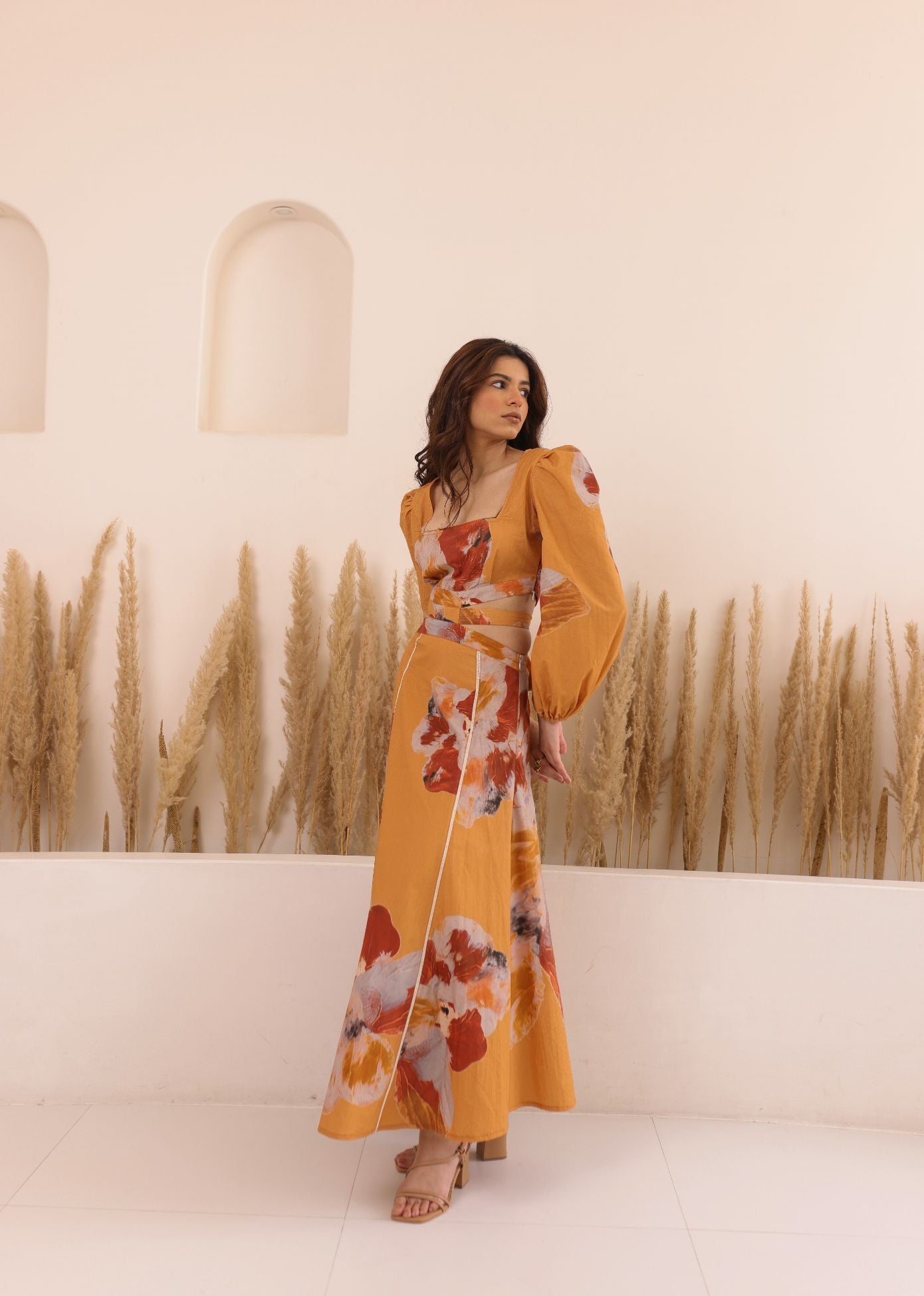 Thr3letter's signature Eclat Dress with dramatic sleeves and artistic pattern