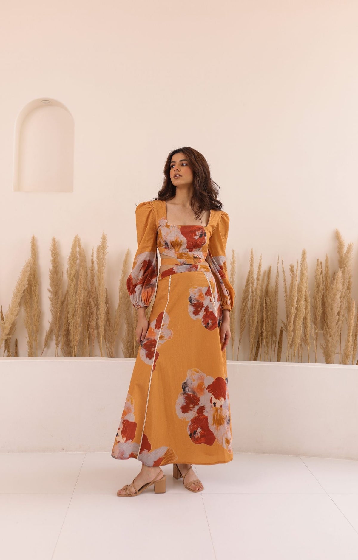 Sustainable cotton poplin maxi dress by Thr3letter in orange, green and brown watercolor pattern