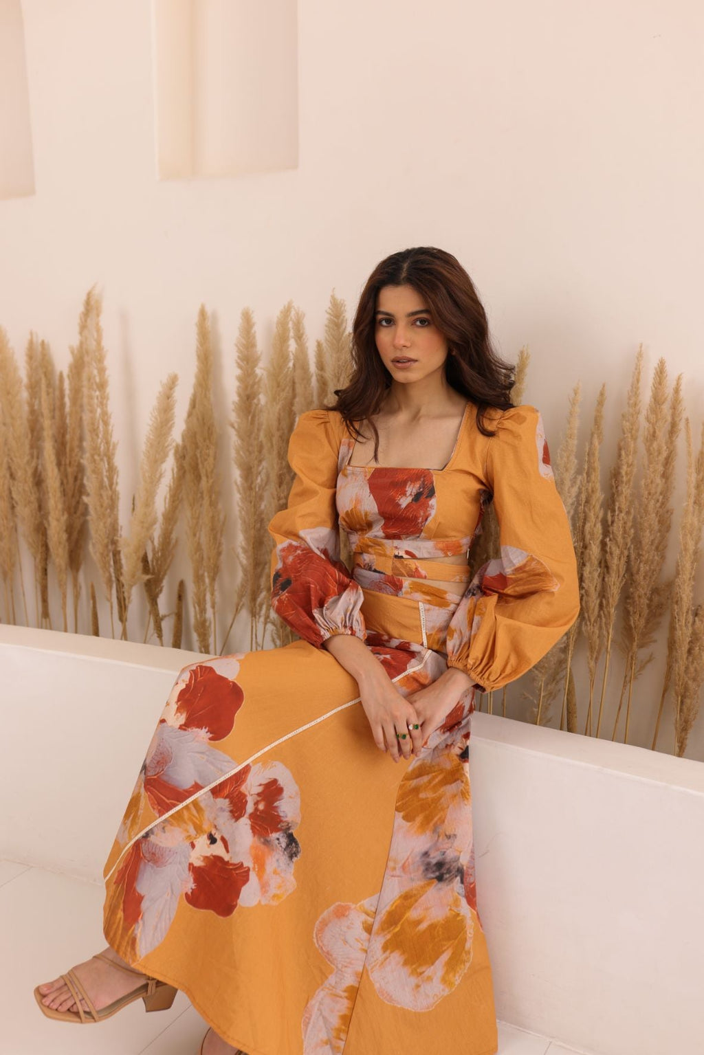 Statement Eclat Maxi Dress with dramatic puff sleeves and color-block design by Thr3letter