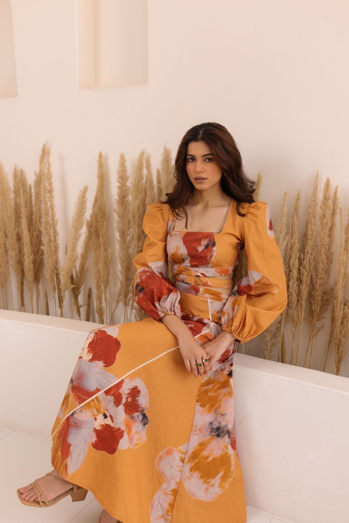 Statement Eclat Maxi Dress with dramatic puff sleeves and color-block design by Thr3letter