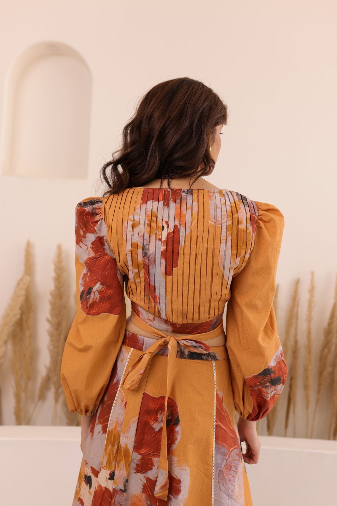 Statement Eclat Maxi Dress with dramatic puff sleeves and color-block design by Thr3letter