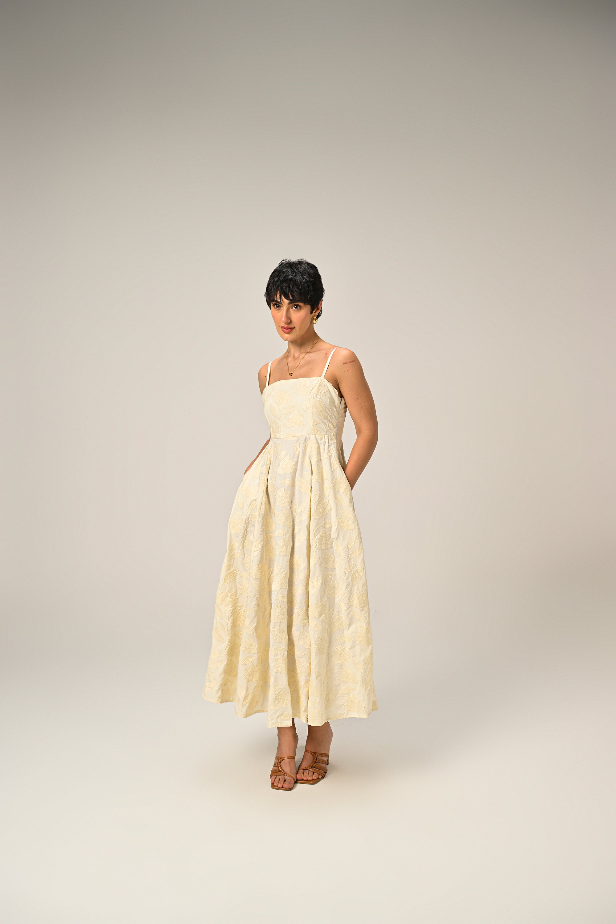 Brinda in Moonflower Embroidered Flare Maxi