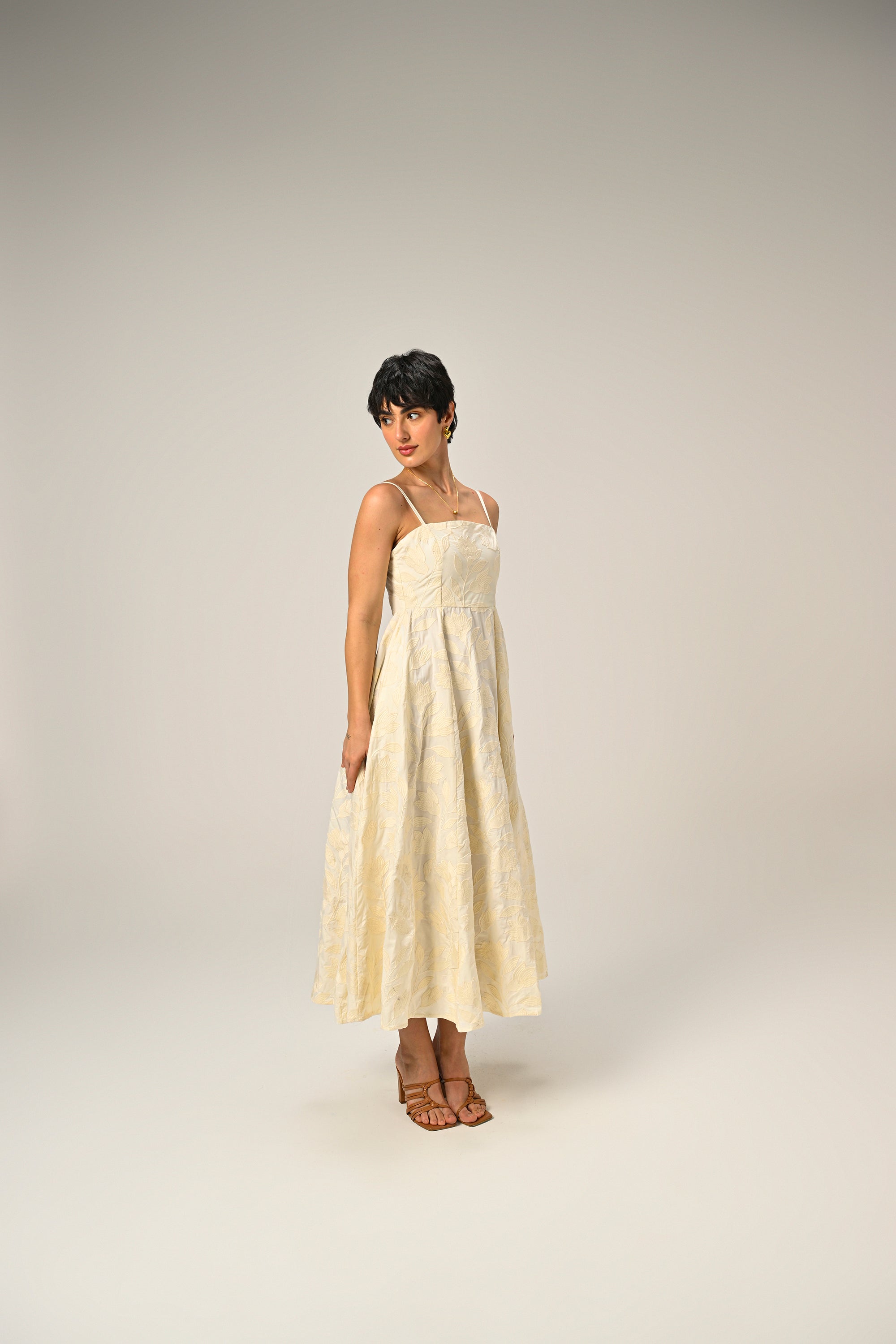 Brinda in Moonflower Embroidered Flare Maxi