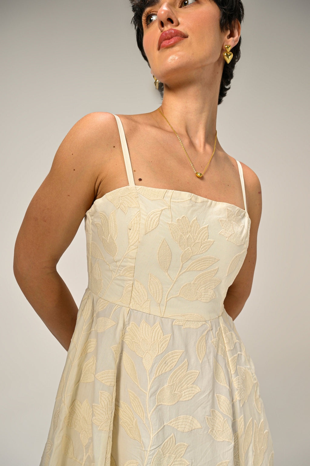 Brinda in Moonflower Embroidered Flare Maxi