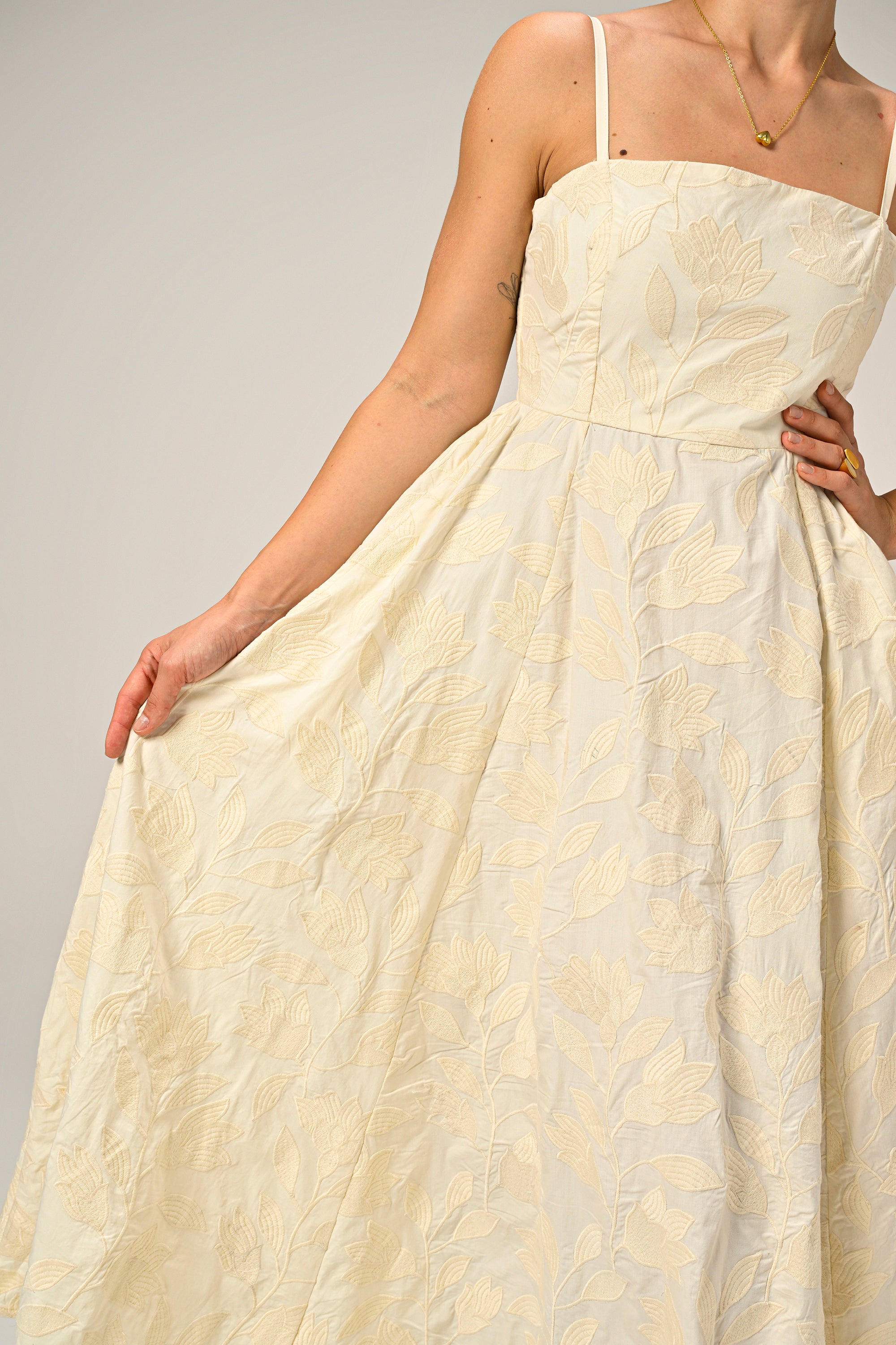 Brinda in Moonflower Embroidered Flare Maxi